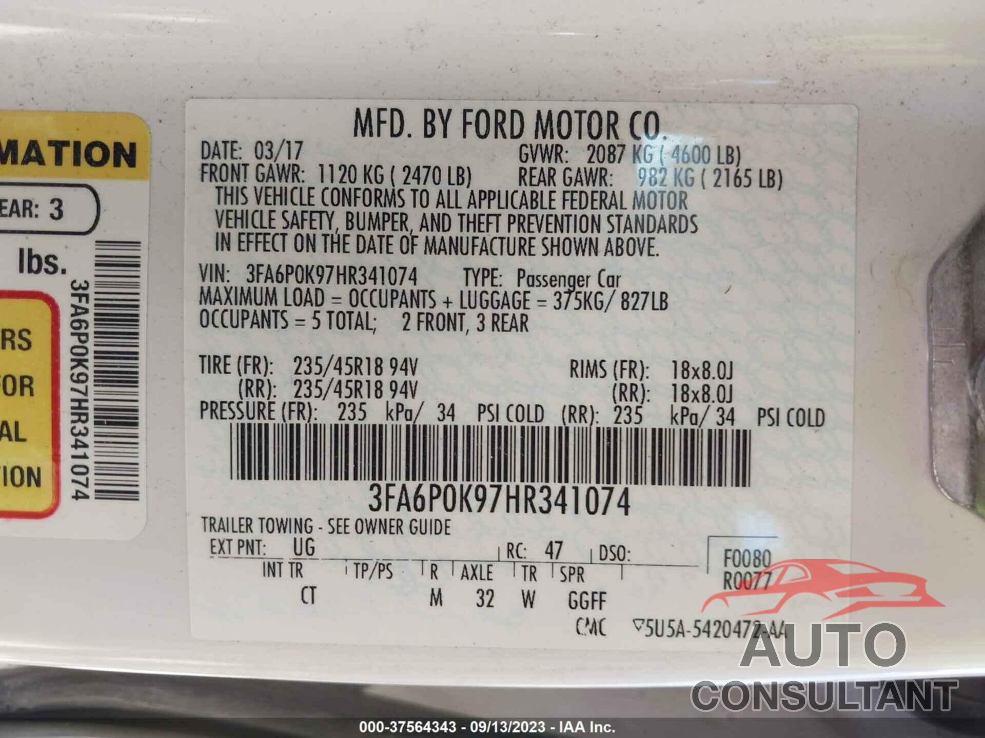 FORD FUSION 2017 - 3FA6P0K97HR341074