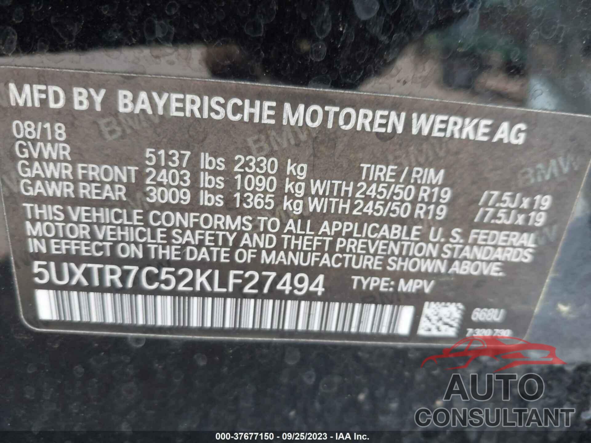 BMW X3 2019 - 5UXTR7C52KLF27494