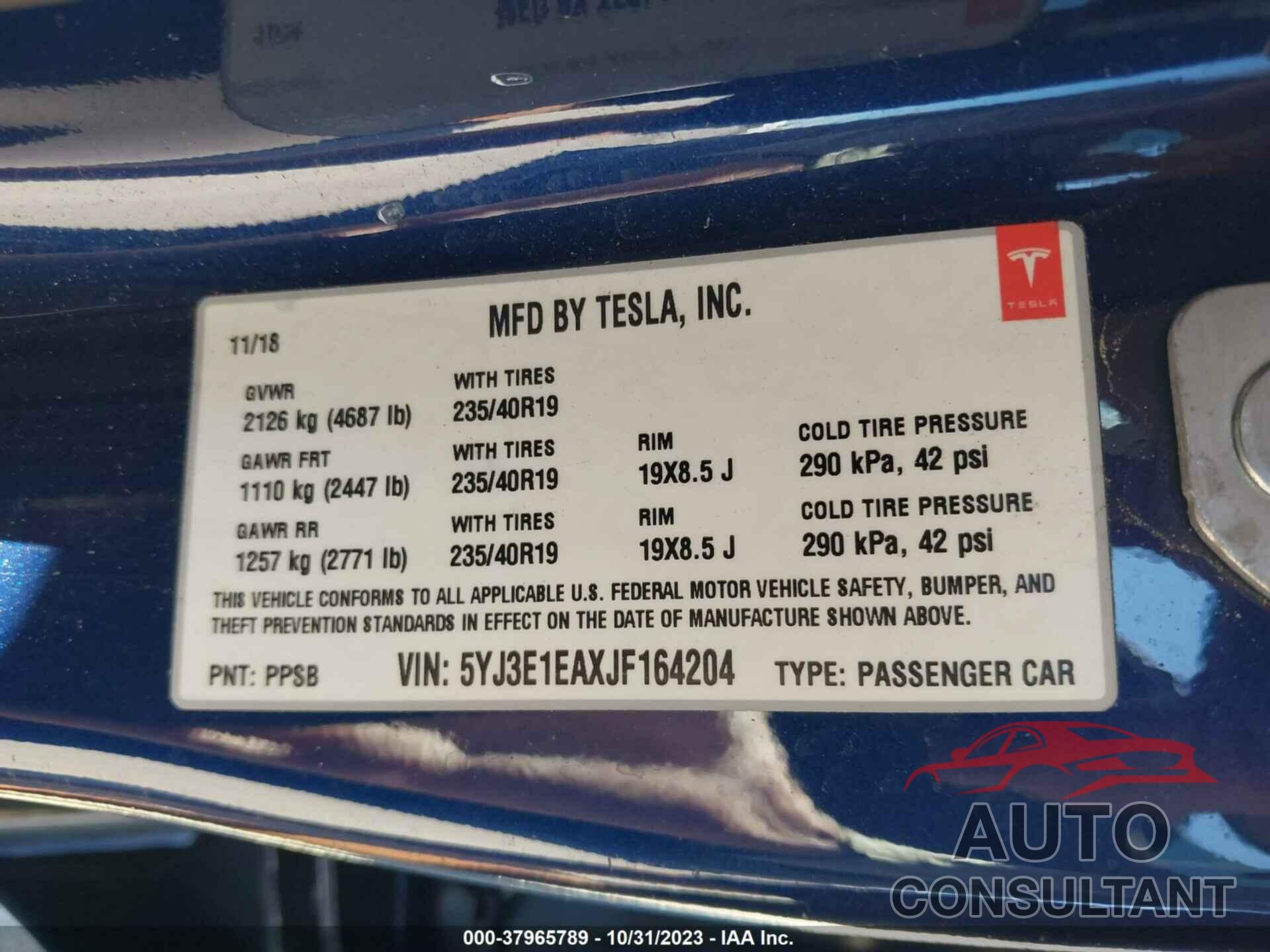 TESLA MODEL 3 2018 - 5YJ3E1EAXJF164204