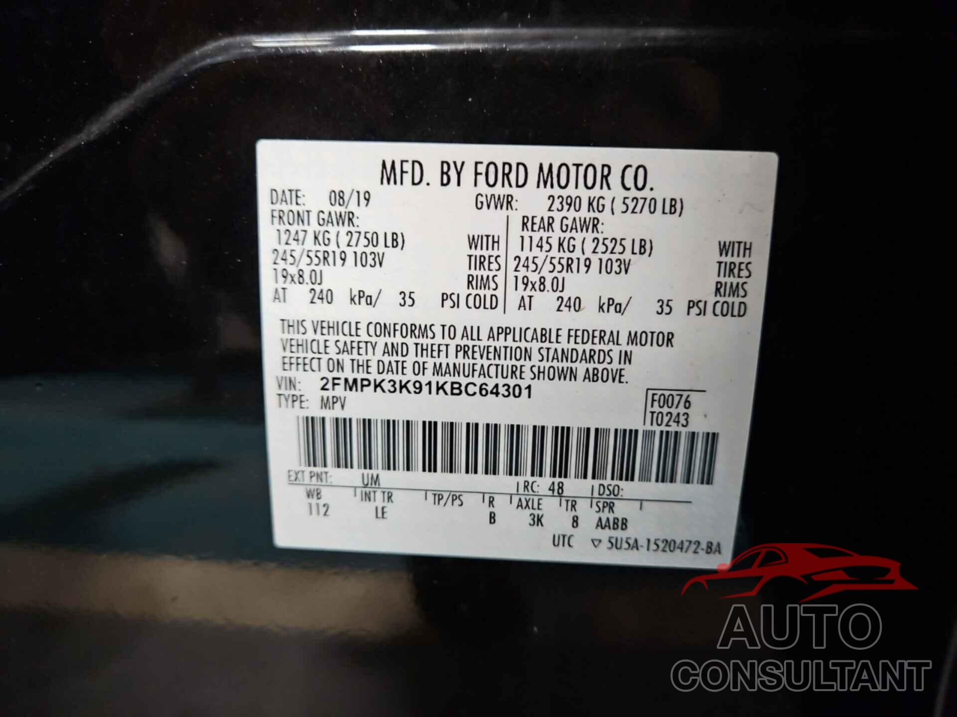 FORD EDGE 2019 - 2FMPK3K91KBC64301