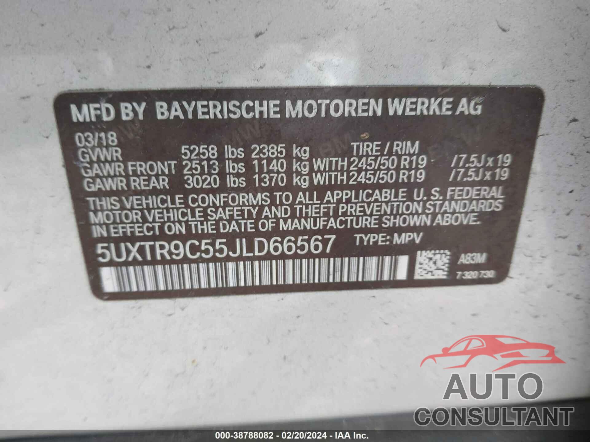 BMW X3 2018 - 5UXTR9C55JLD66567