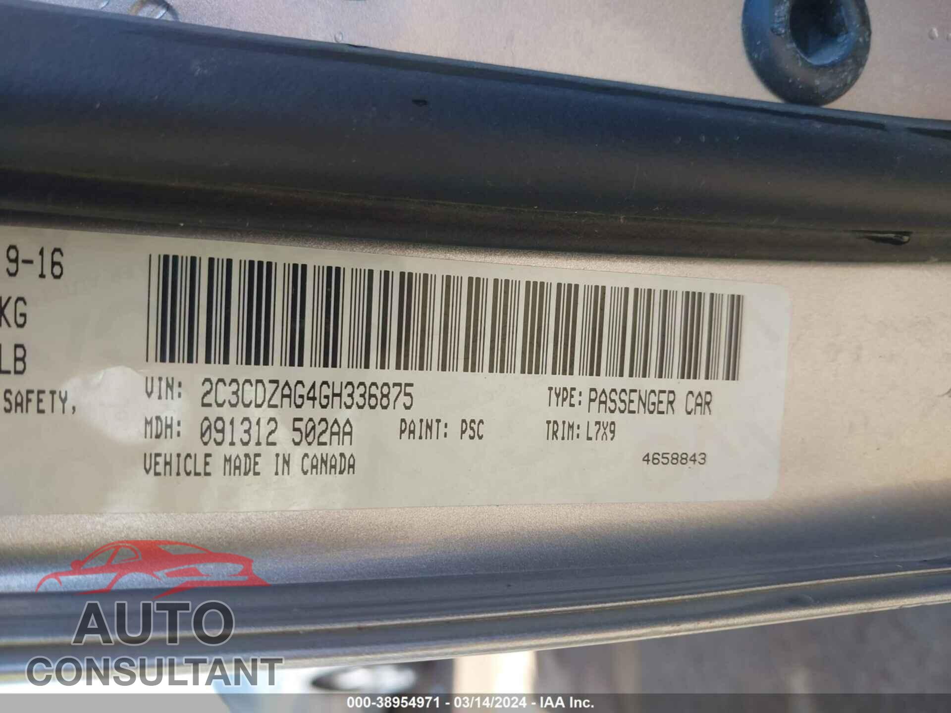 DODGE CHALLENGER 2016 - 2C3CDZAG4GH336875