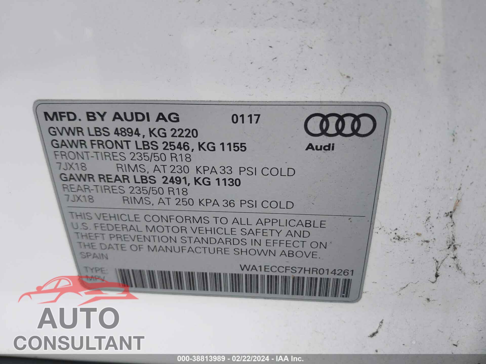 AUDI Q3 2017 - WA1ECCFS7HR014261