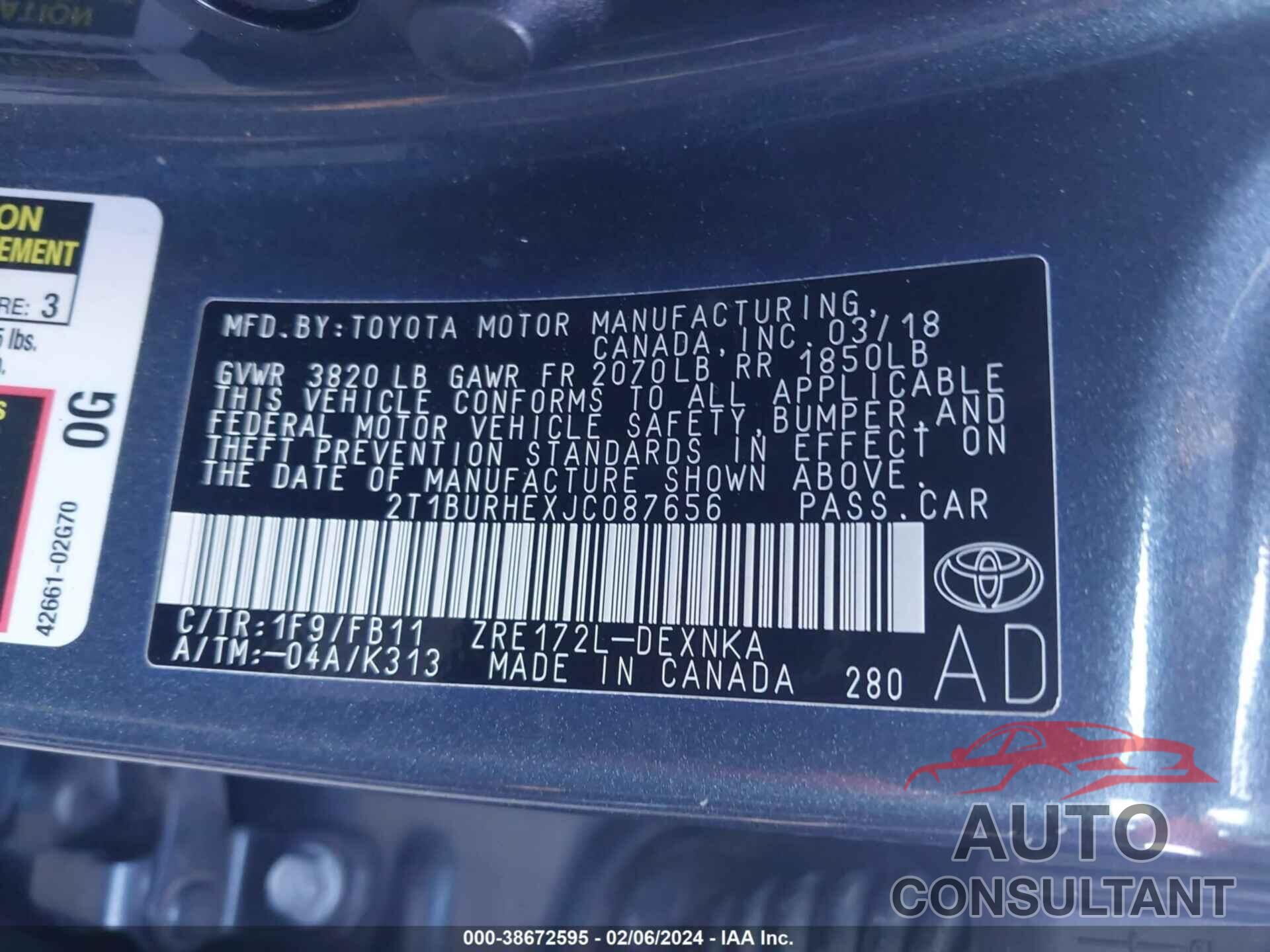 TOYOTA COROLLA 2018 - 2T1BURHEXJC087656