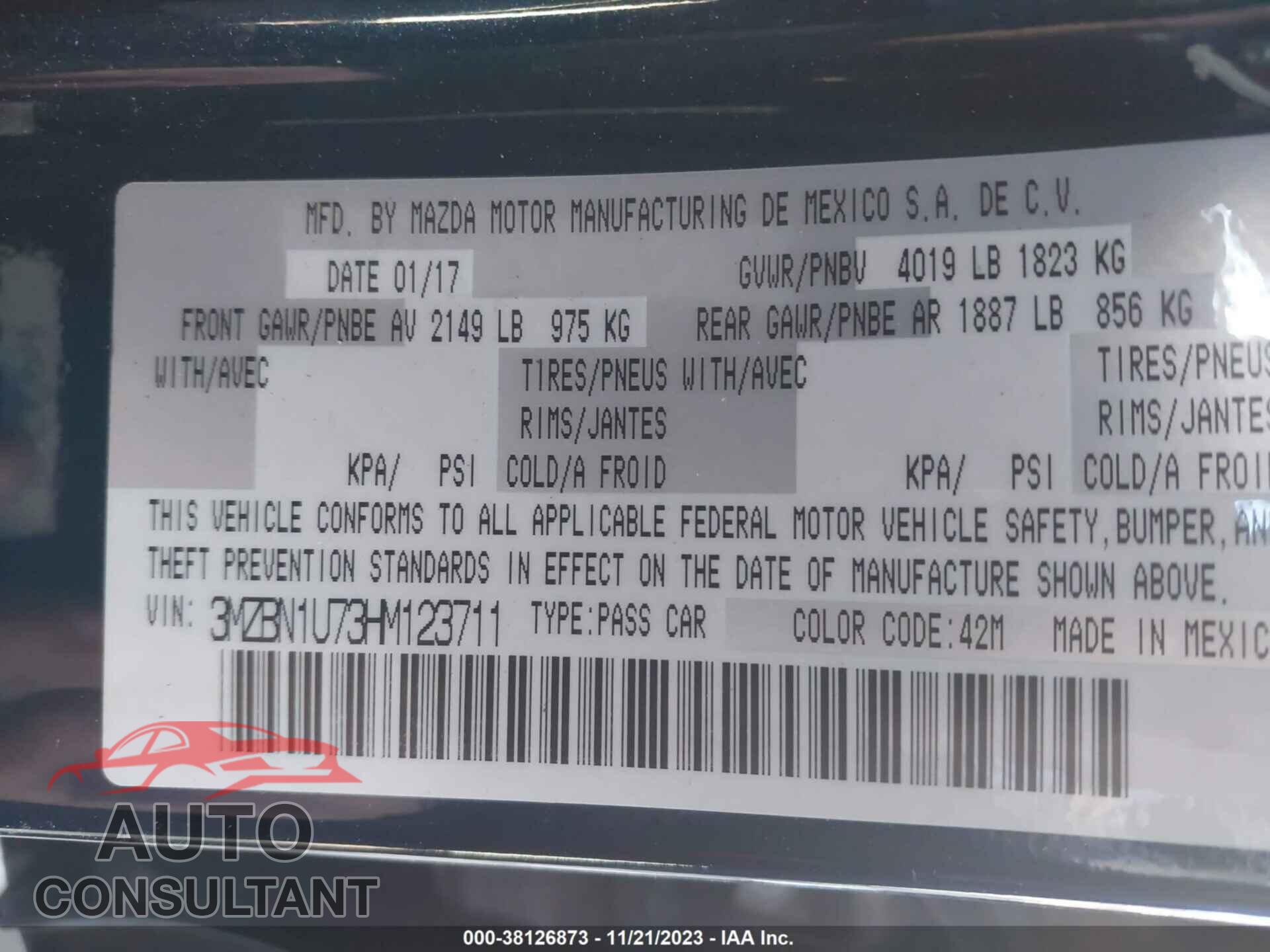 MAZDA MAZDA3 2017 - 3MZBN1U73HM123711
