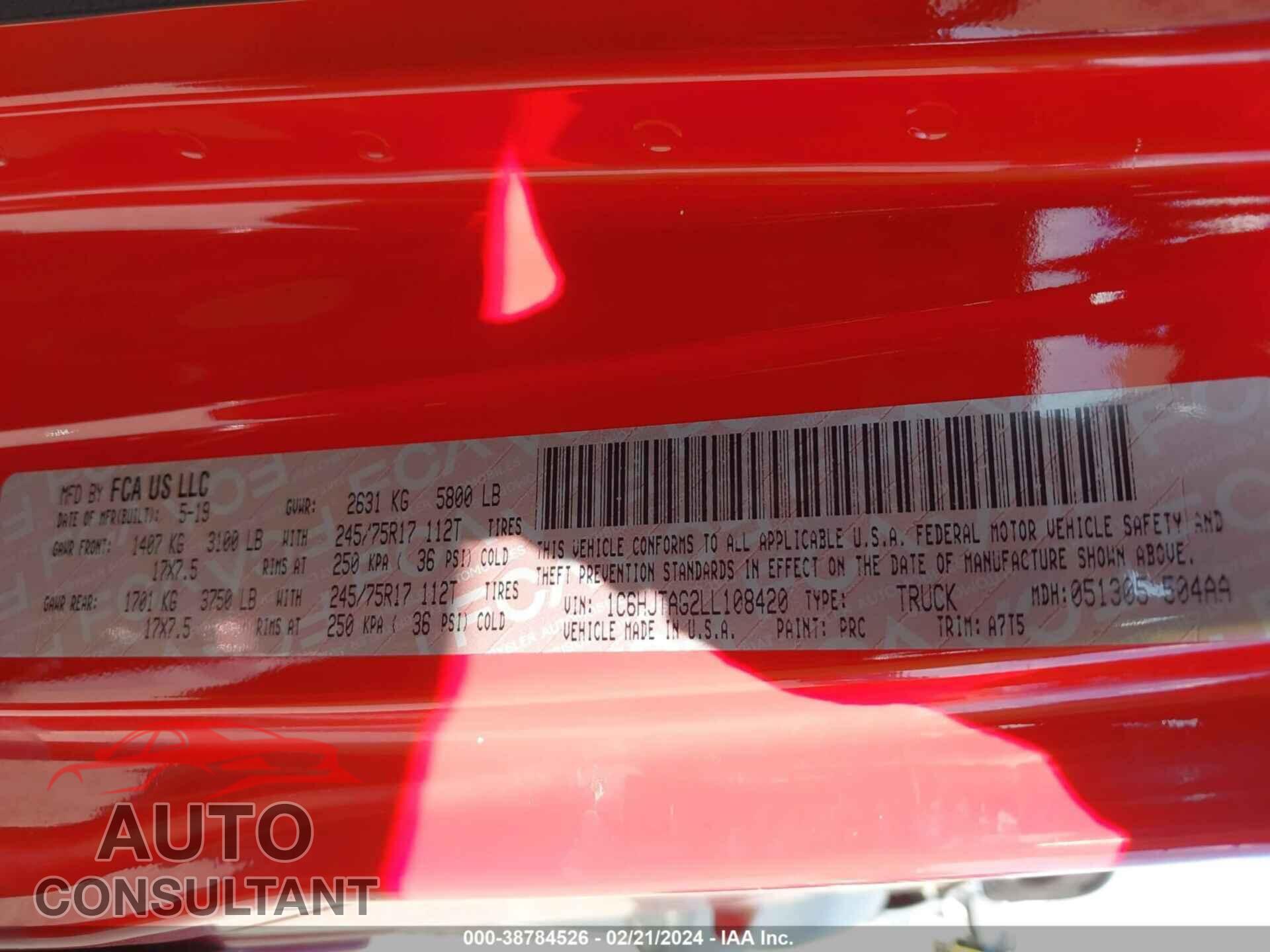JEEP GLADIATOR 2020 - 1C6HJTAG2LL108420