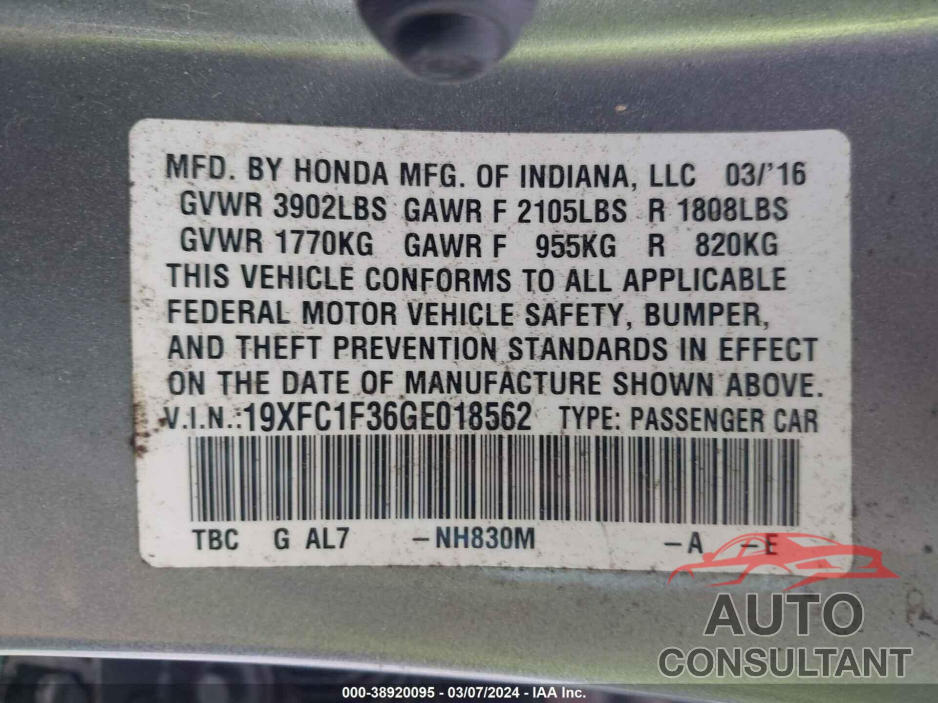 HONDA CIVIC 2016 - 19XFC1F36GE018562