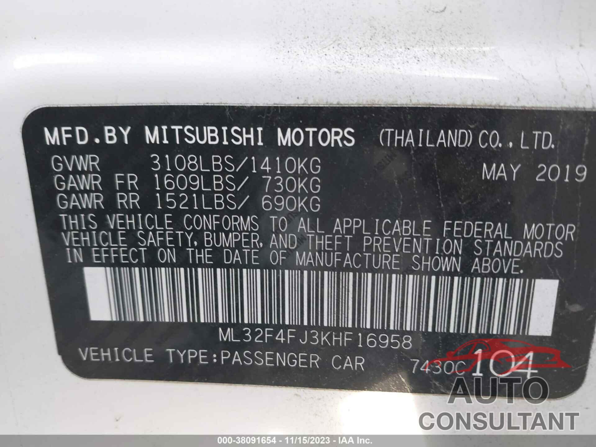 MITSUBISHI MIRAGE G4 2019 - ML32F4FJ3KHF16958