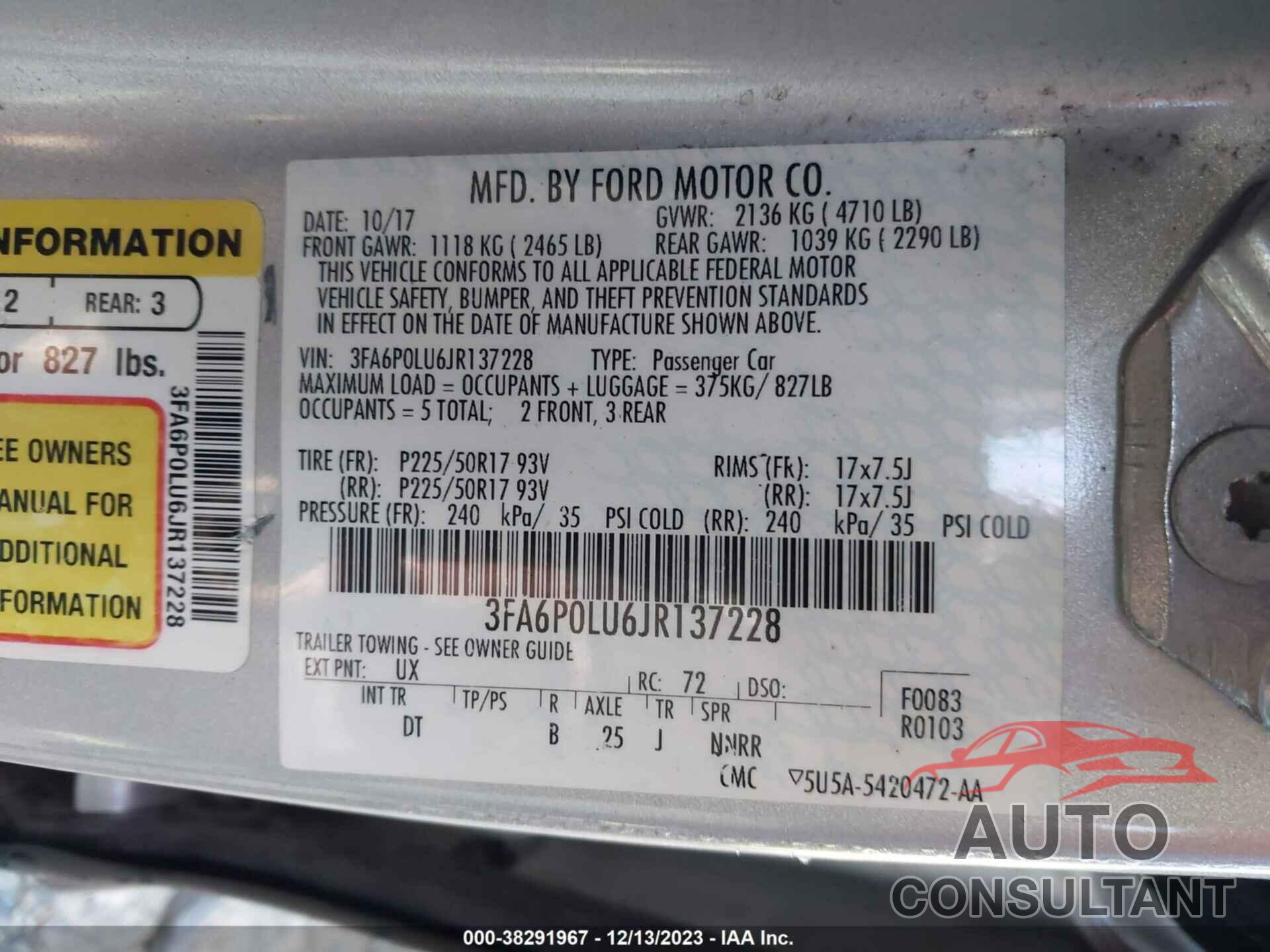 FORD FUSION HYBRID 2018 - 3FA6P0LU6JR137228