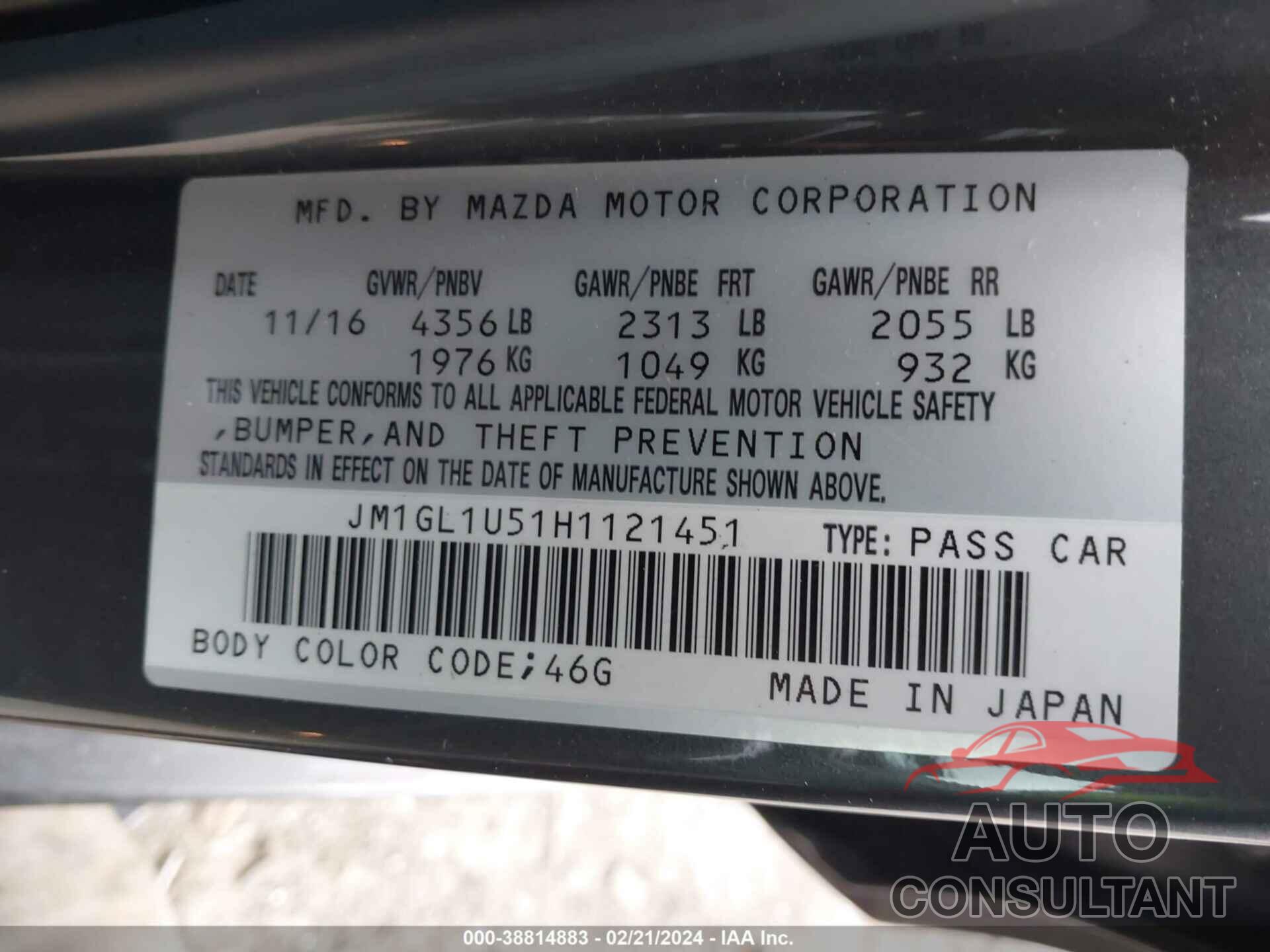 MAZDA MAZDA6 2017 - JM1GL1U51H1121451