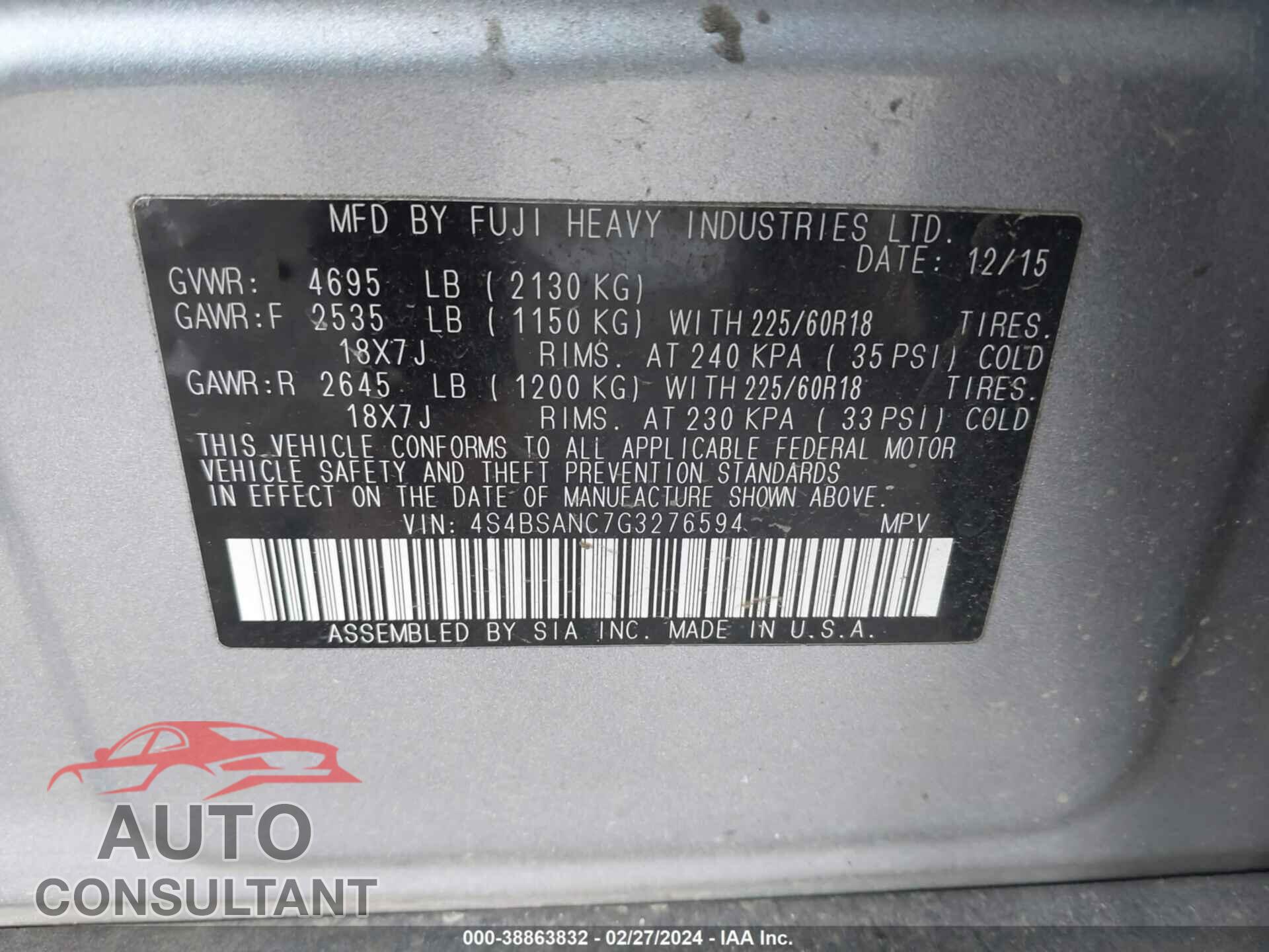 SUBARU OUTBACK 2016 - 4S4BSANC7G3276594