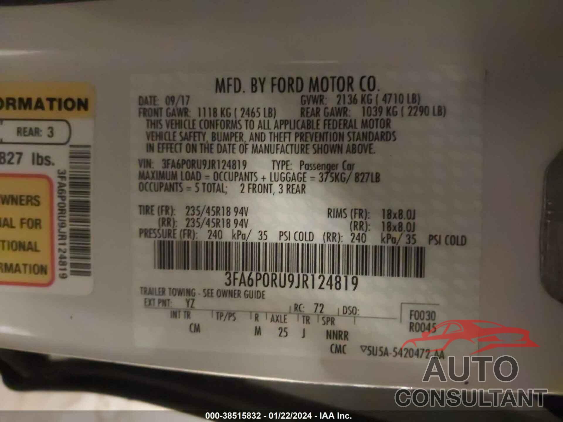 FORD FUSION HYBRID 2018 - 3FA6P0RU9JR124819