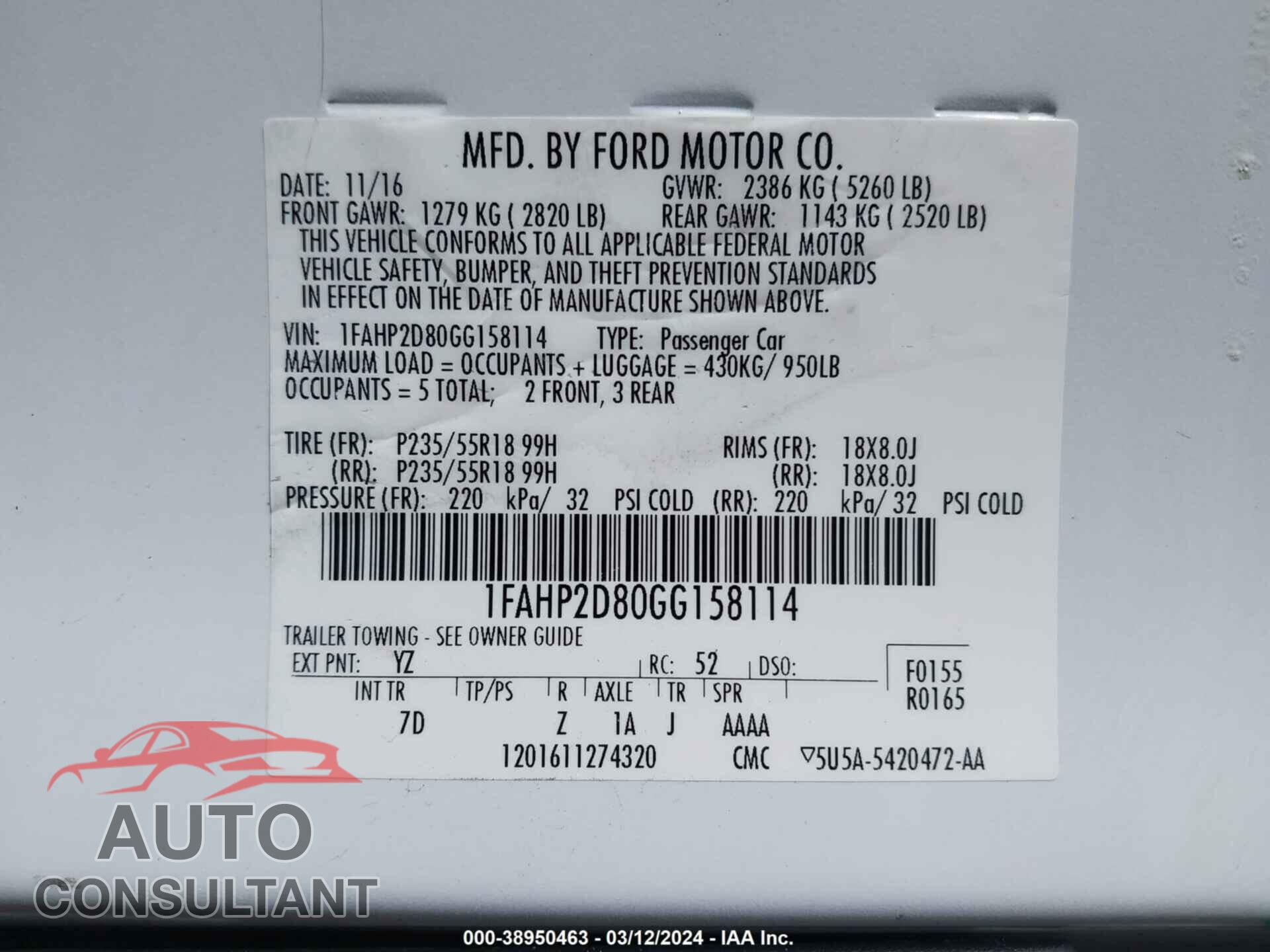 FORD TAURUS 2016 - 1FAHP2D80GG158114
