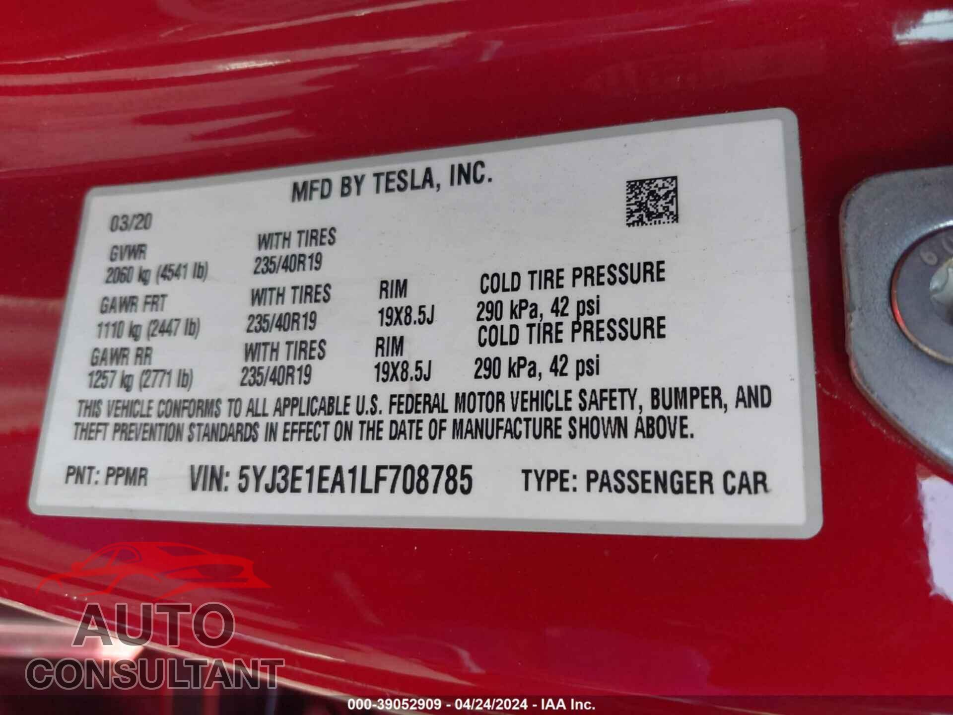 TESLA MODEL 3 2020 - 5YJ3E1EA1LF708785