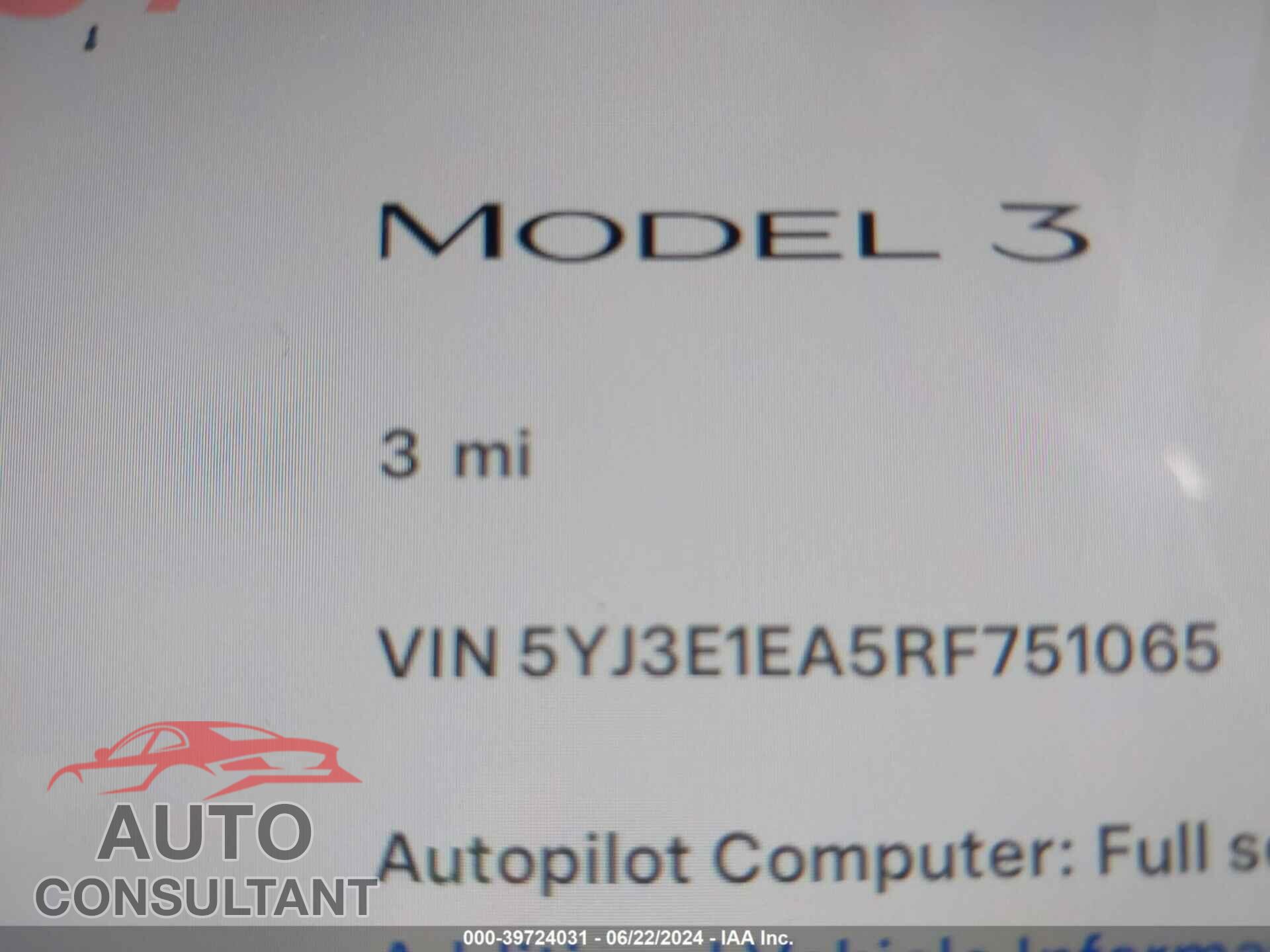TESLA MODEL 3 2024 - 5YJ3E1EA5RF751065