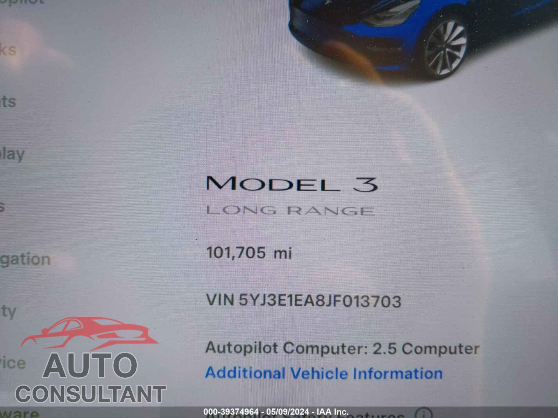 TESLA MODEL 3 2018 - 5YJ3E1EA8JF013703
