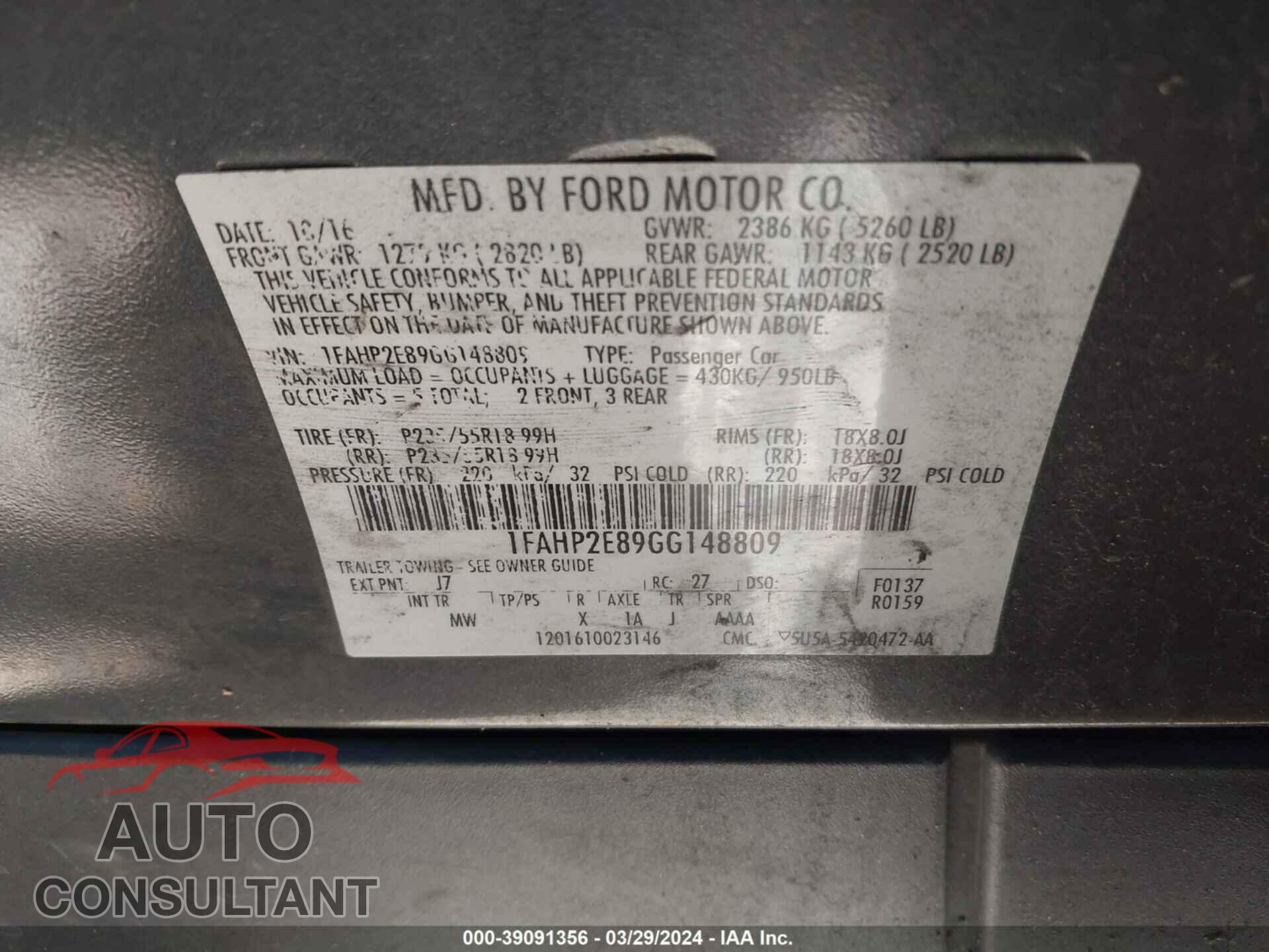 FORD TAURUS 2016 - 1FAHP2E89GG148809