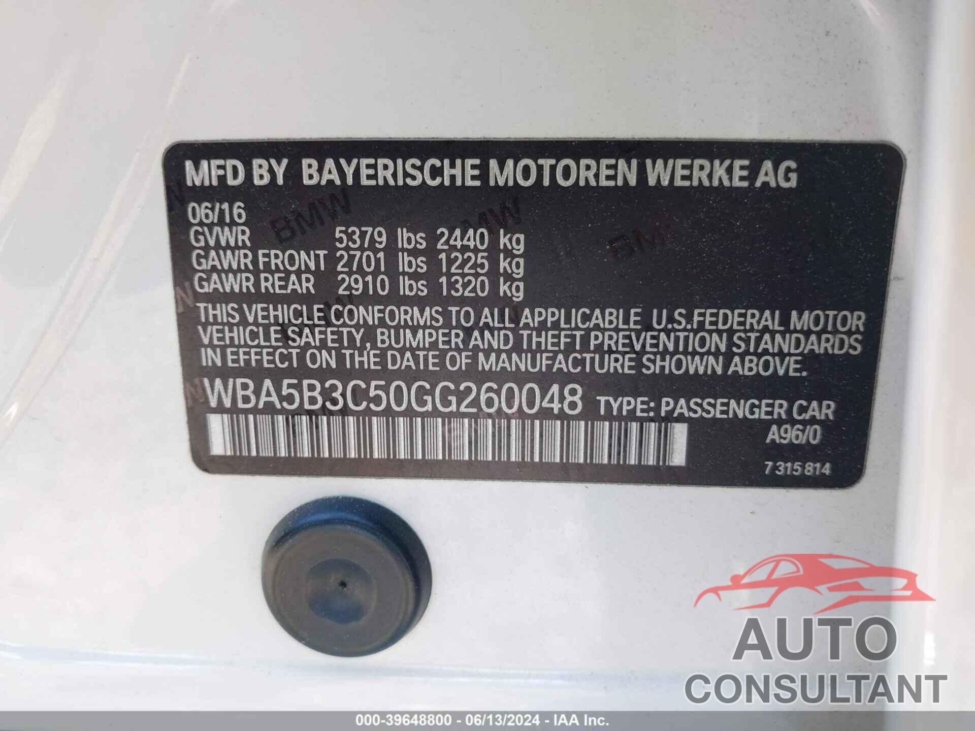 BMW 535I 2016 - WBA5B3C50GG260048