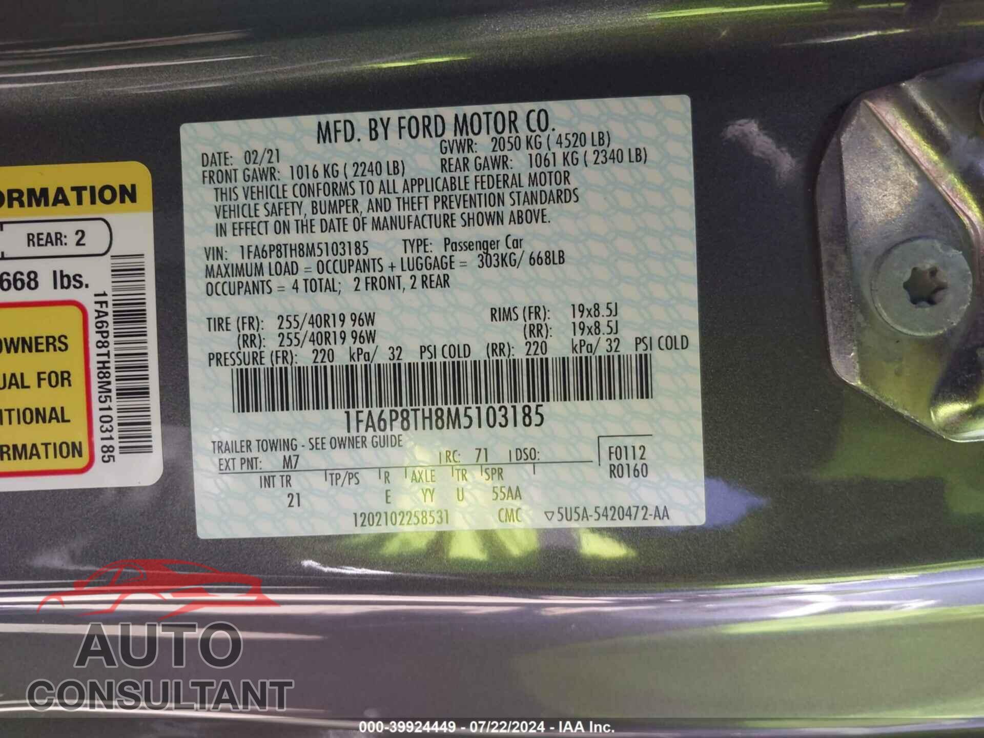 FORD MUSTANG 2021 - 1FA6P8TH8M5103185