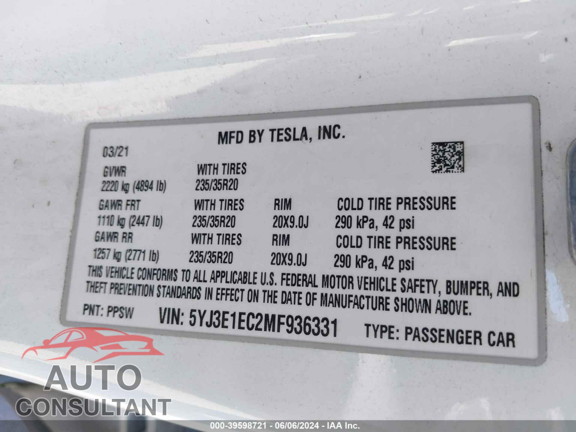 TESLA MODEL 3 2021 - 5YJ3E1EC2MF936331