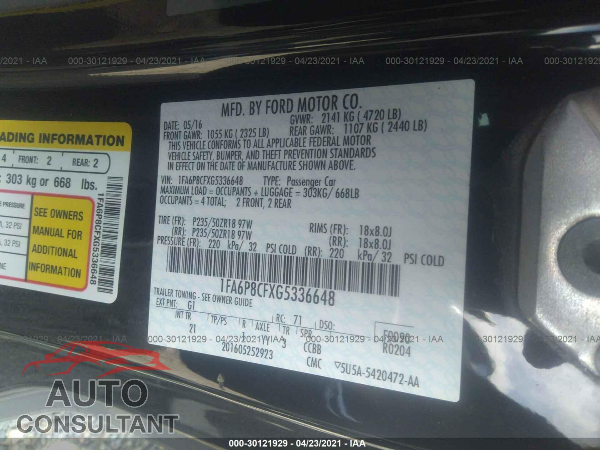 FORD MUSTANG 2016 - 1FA6P8CFXG5336648