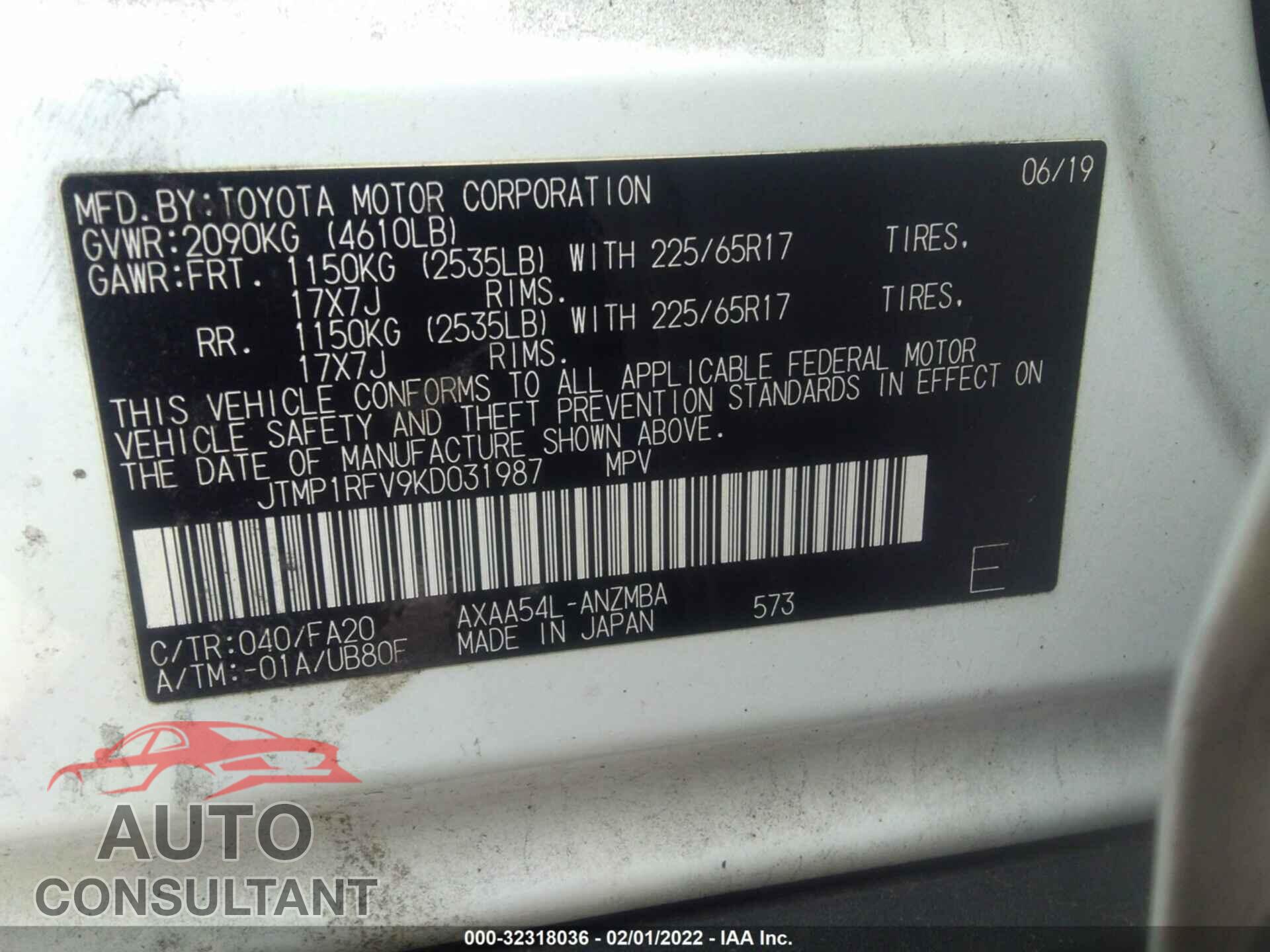TOYOTA RAV4 2019 - JTMP1RFV9KD031987