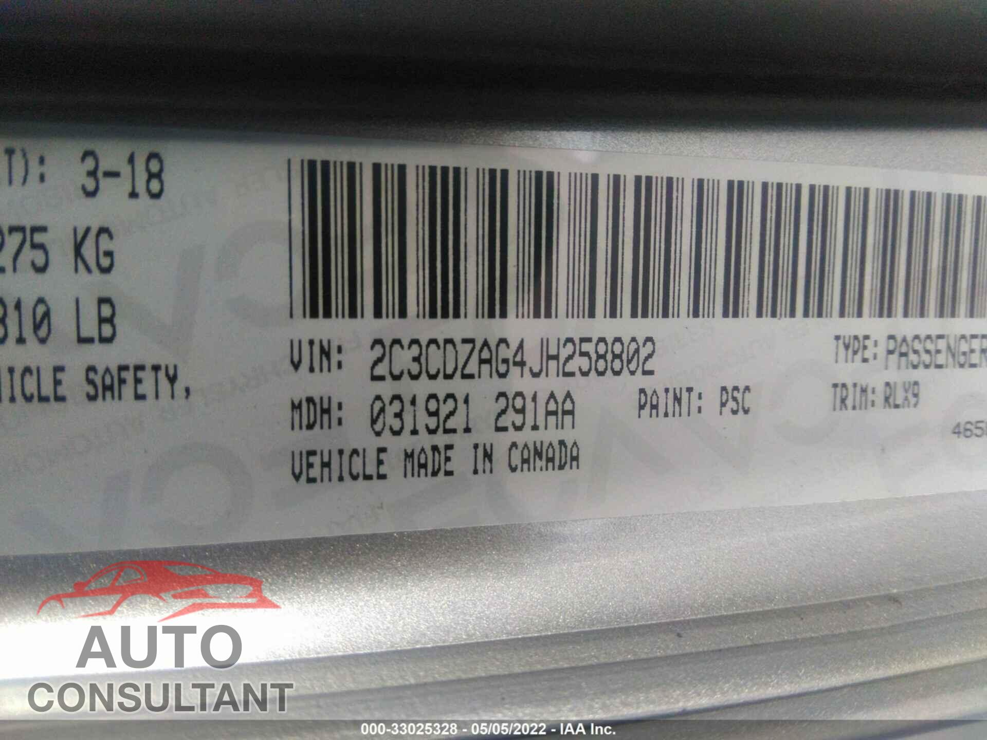 DODGE CHALLENGER 2018 - 2C3CDZAG4JH258802