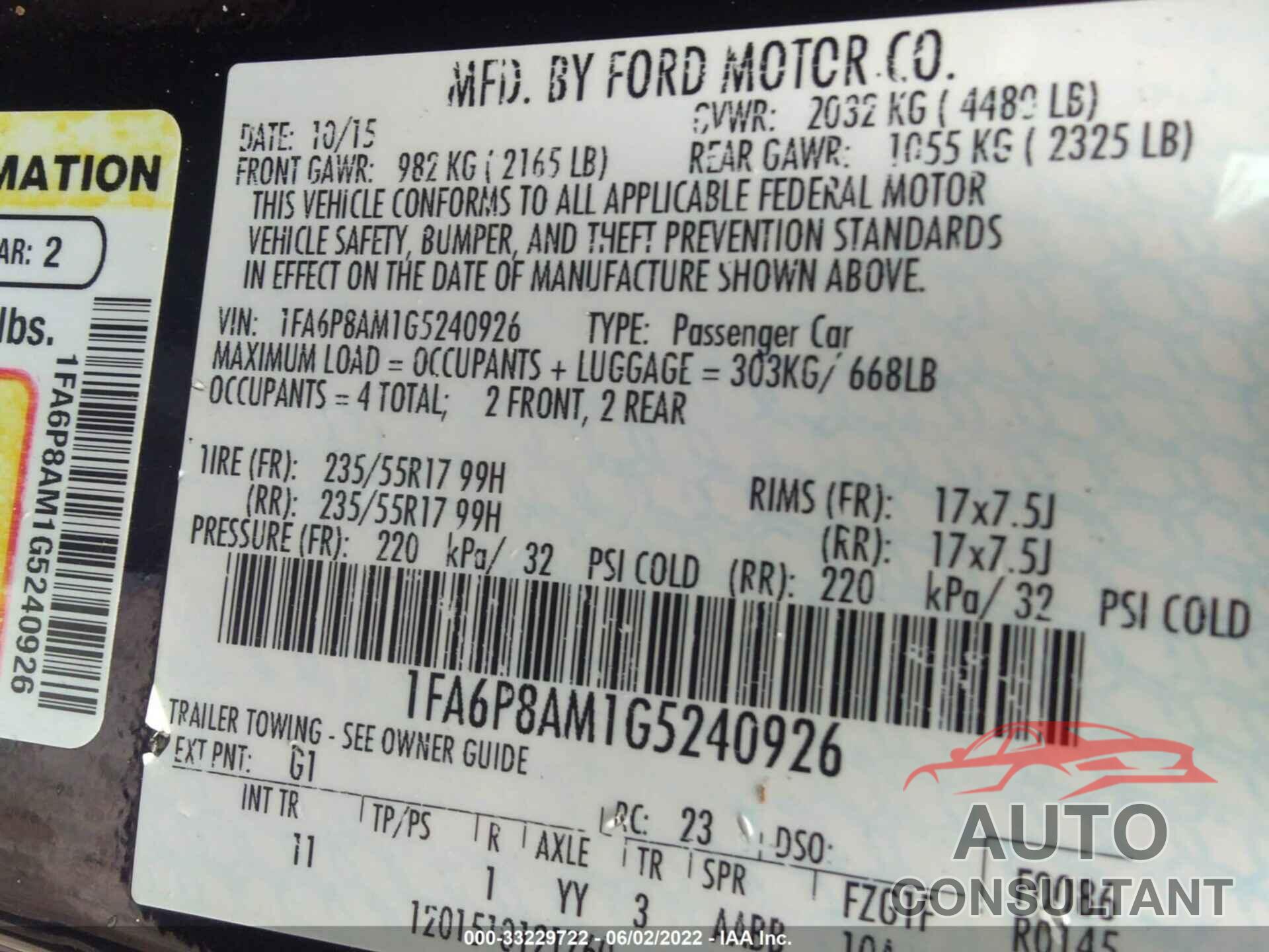 FORD MUSTANG 2016 - 1FA6P8AM1G5240926