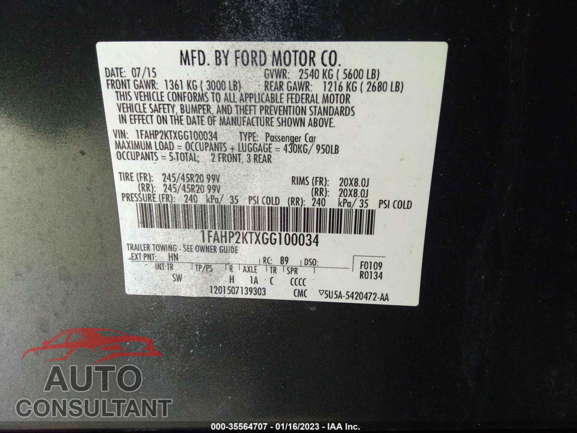 FORD TAURUS 2016 - 1FAHP2KTXGG100034