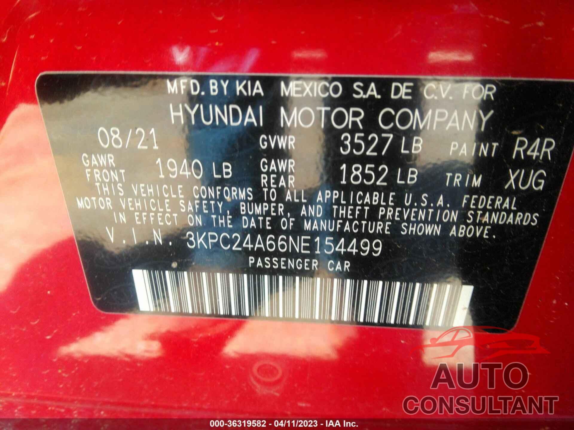 HYUNDAI ACCENT 2022 - 3KPC24A66NE154499