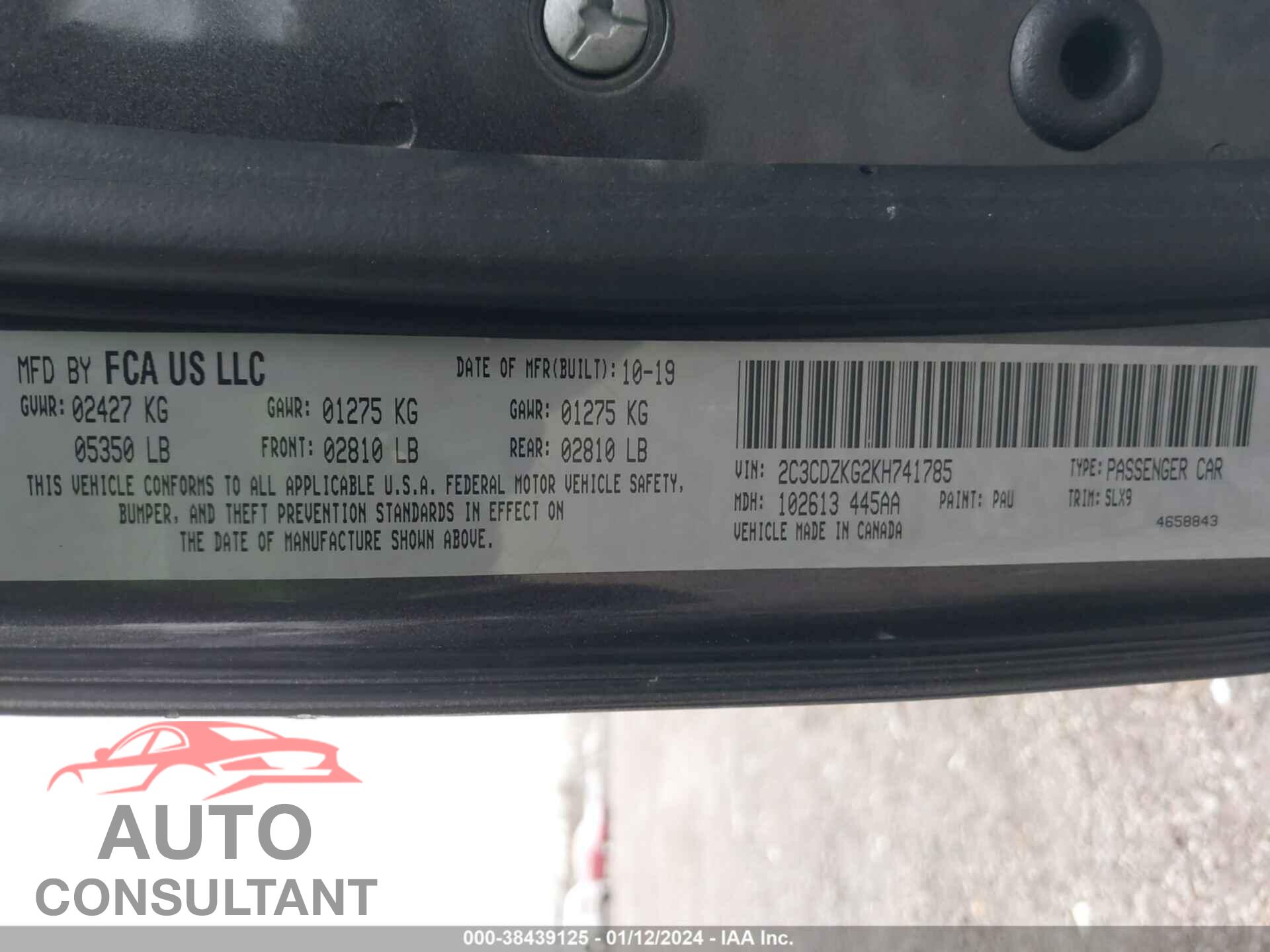 DODGE CHALLENGER 2019 - 2C3CDZKG2KH741785