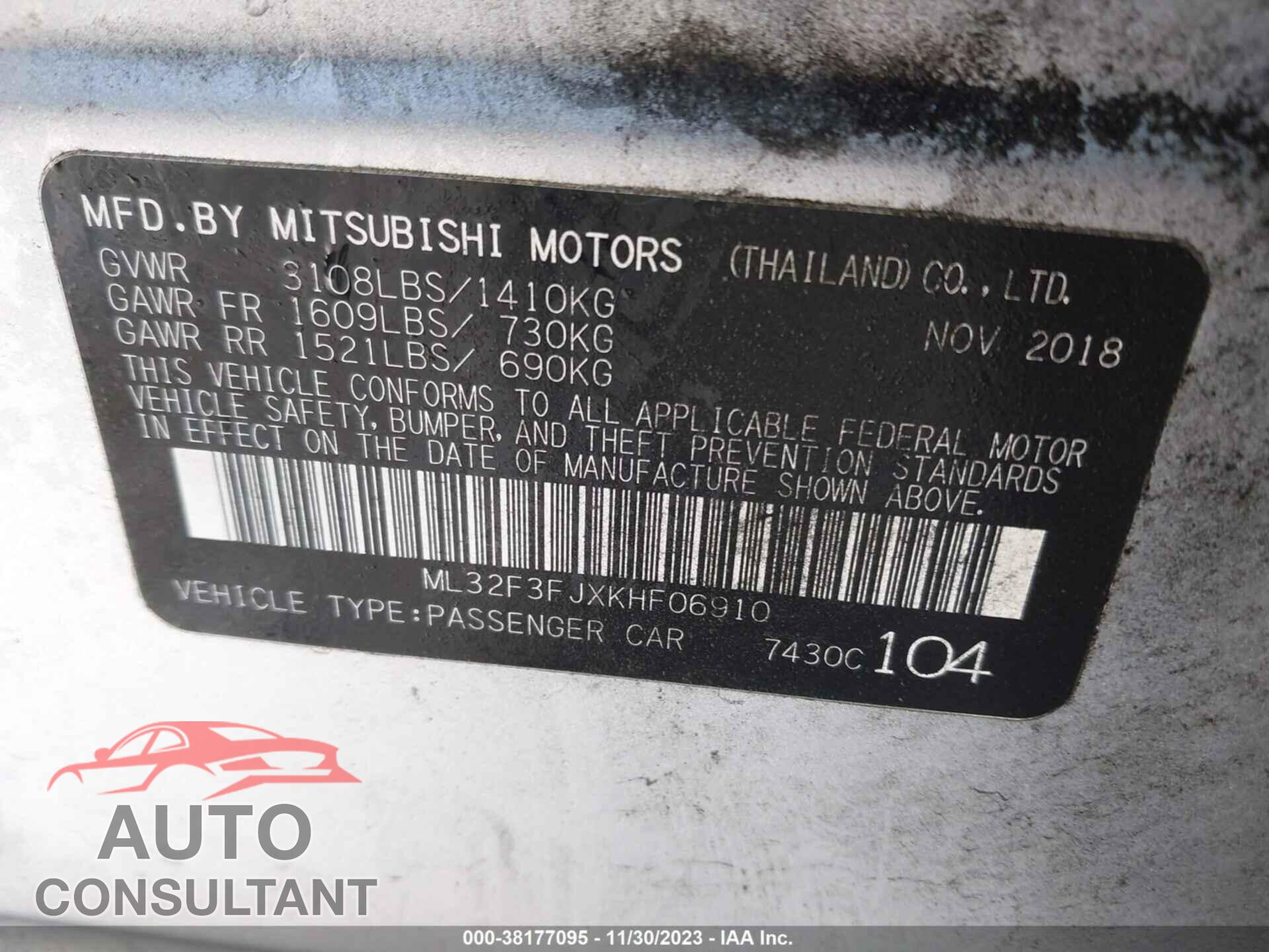 MITSUBISHI MIRAGE 2019 - ML32F3FJXKHF06910