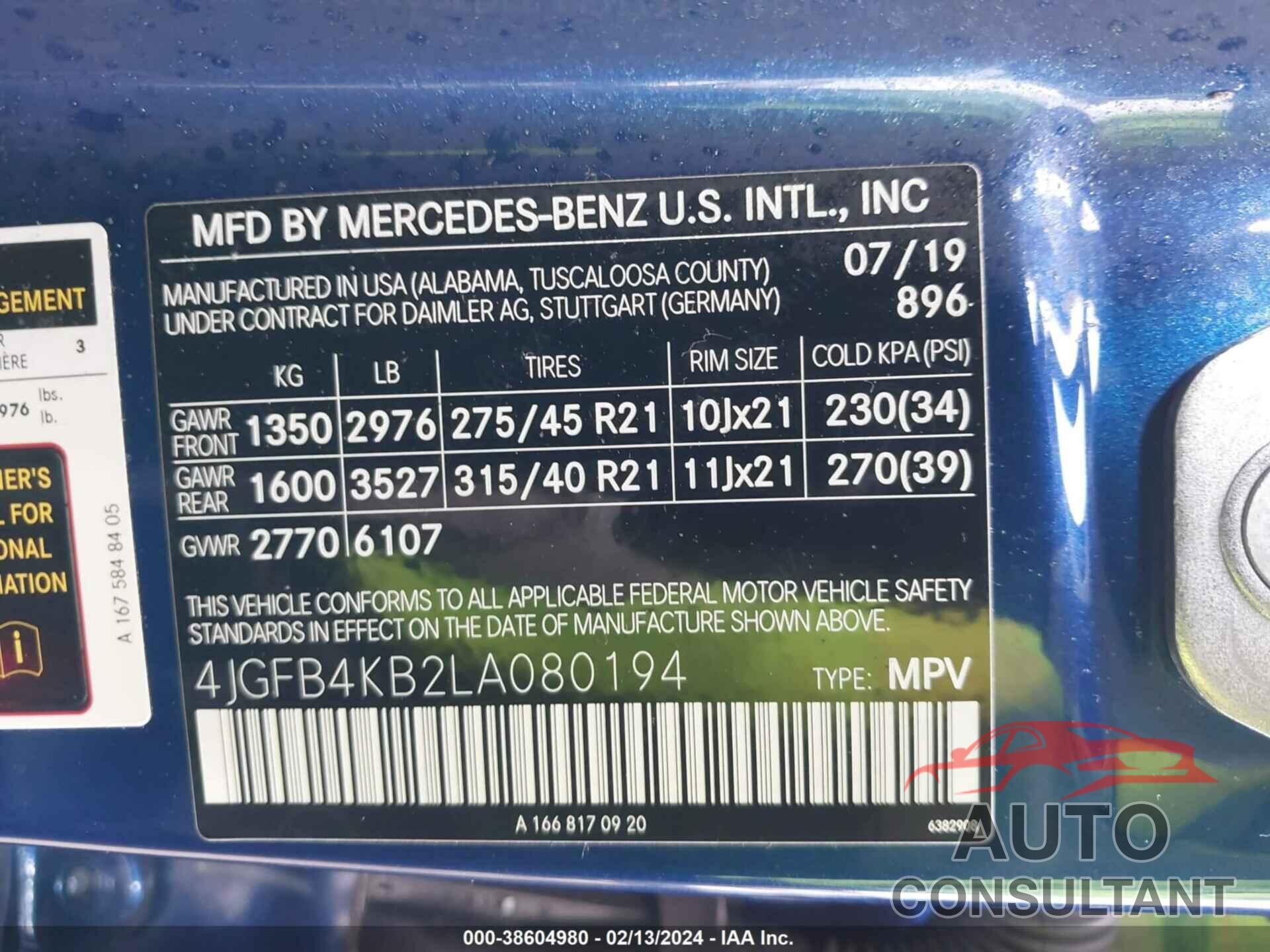 MERCEDES-BENZ GLE 350 2020 - 4JGFB4KB2LA080194