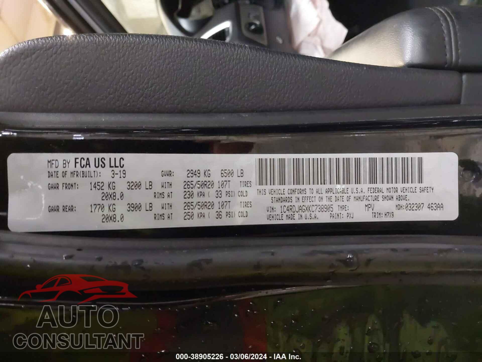DODGE DURANGO 2019 - 1C4RDJAGXKC738905