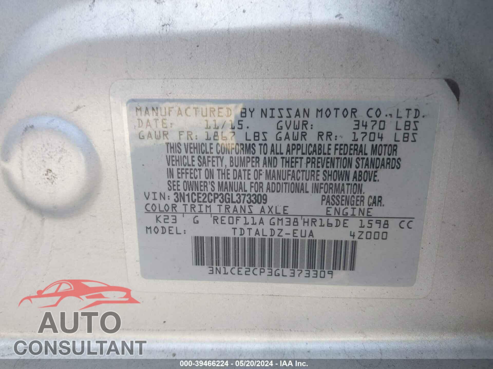 NISSAN VERSA NOTE 2016 - 3N1CE2CP3GL373309