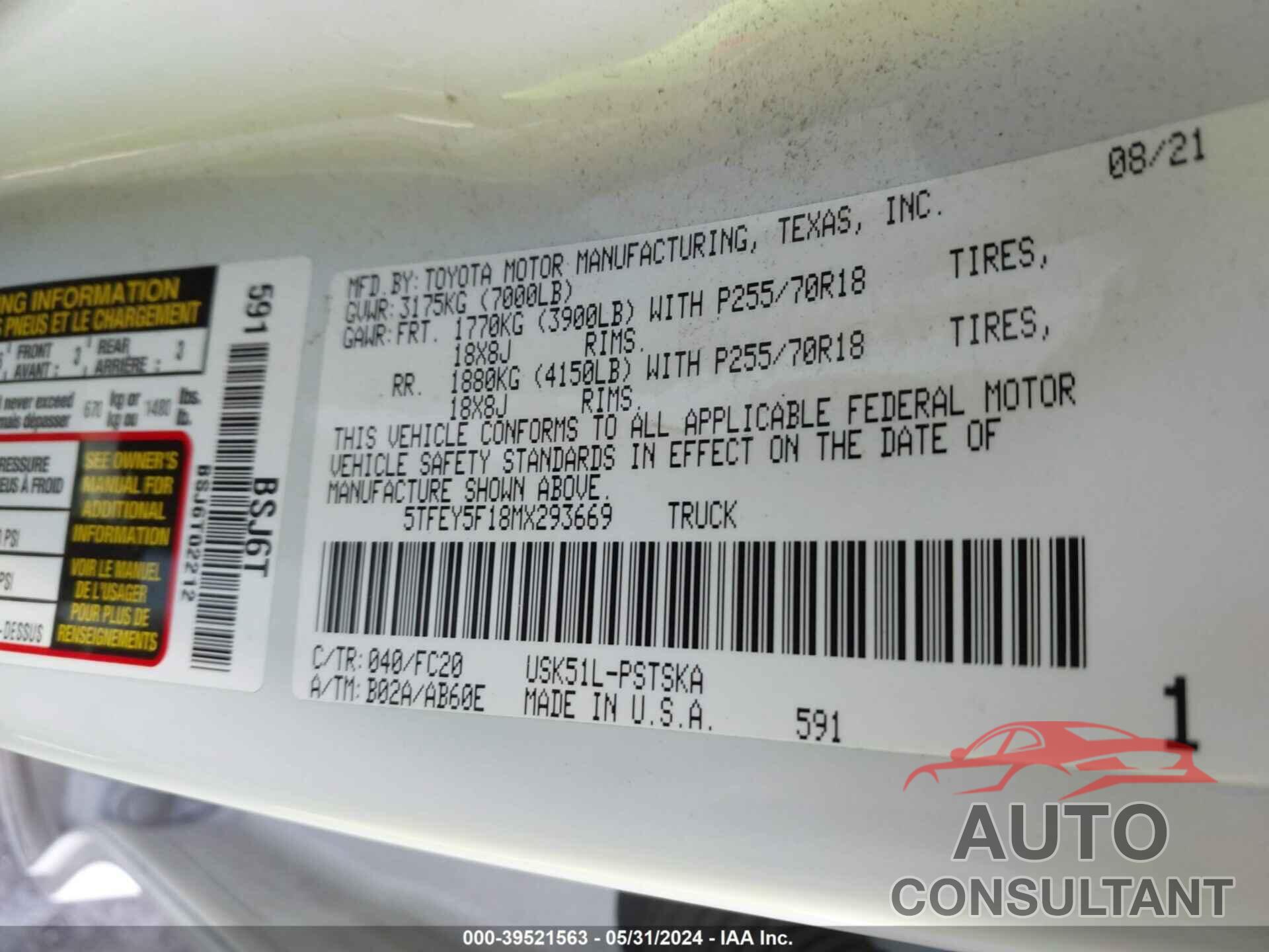 TOYOTA TUNDRA 2021 - 5TFEY5F18MX293669