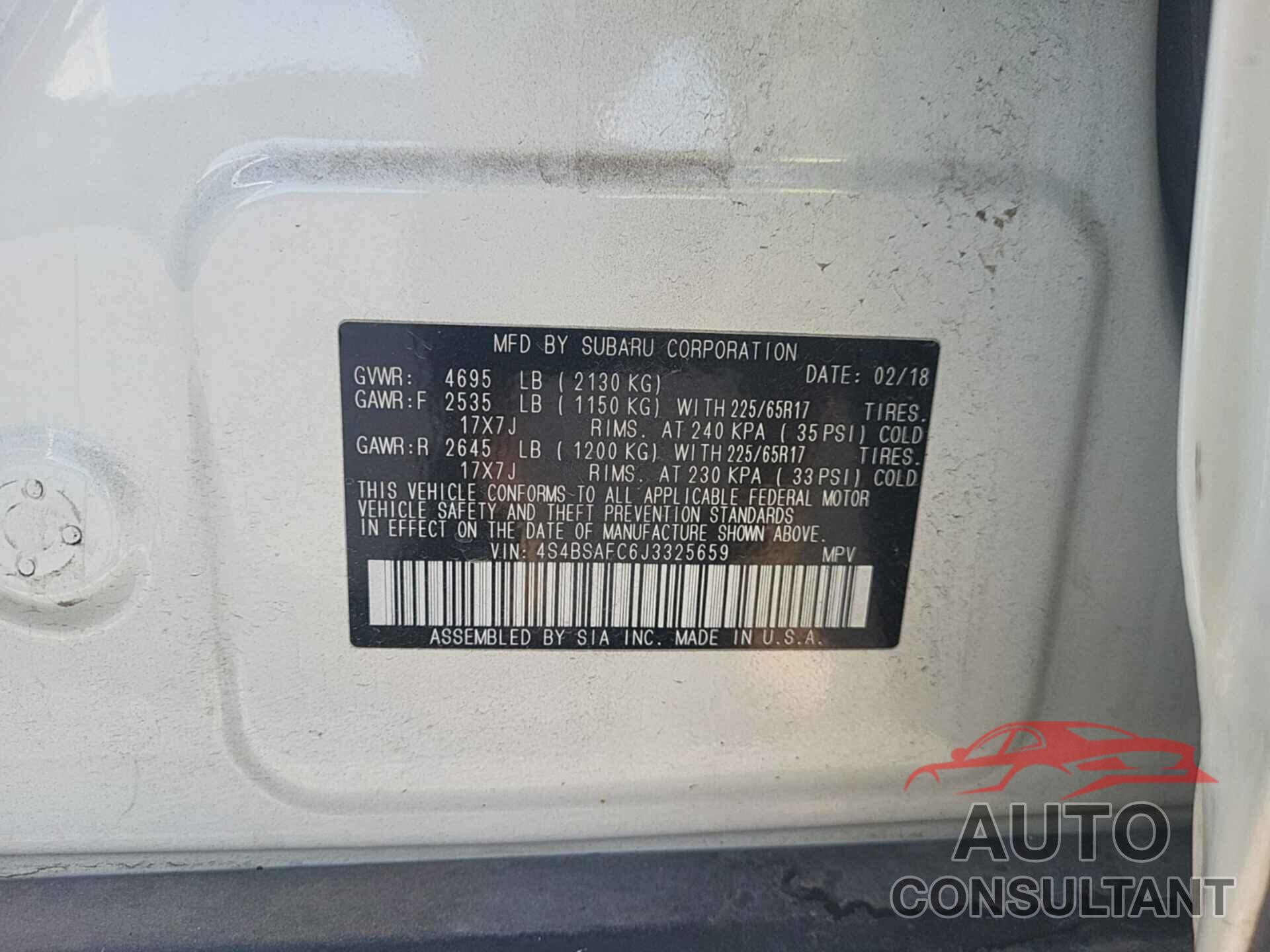 SUBARU OUTBACK 2018 - 4S4BSAFC6J3325659