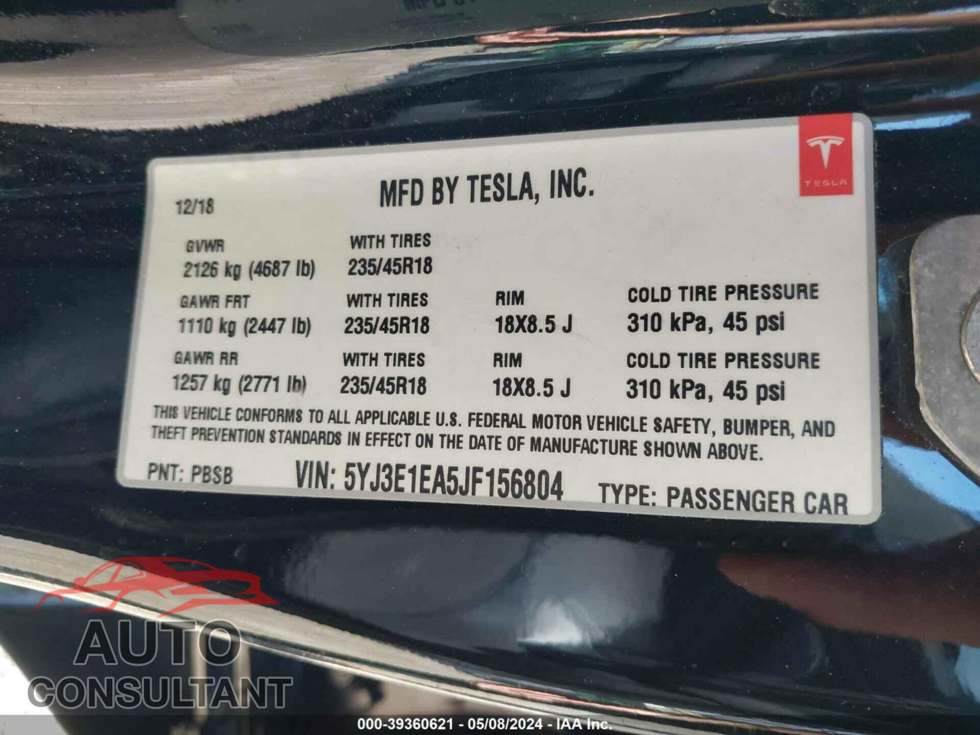 TESLA MODEL 3 2018 - 5YJ3E1EA5JF156804