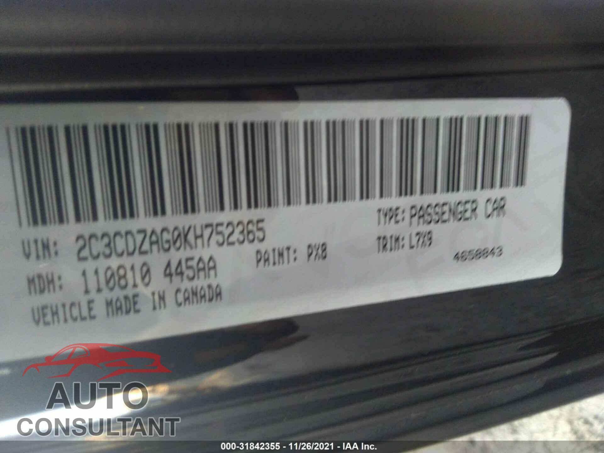 DODGE CHALLENGER 2019 - 2C3CDZAG0KH752365
