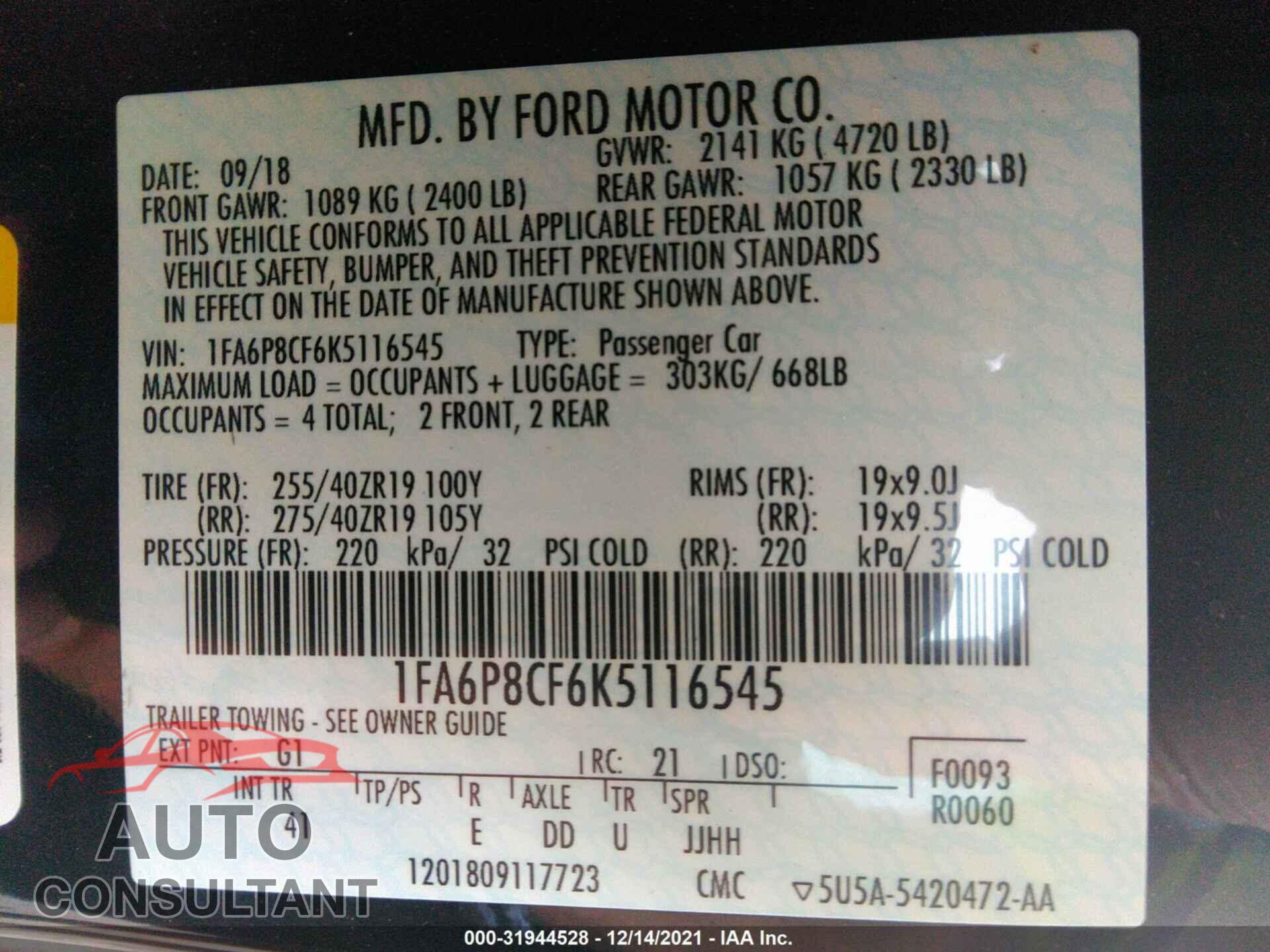 FORD MUSTANG 2019 - 1FA6P8CF6K5116545