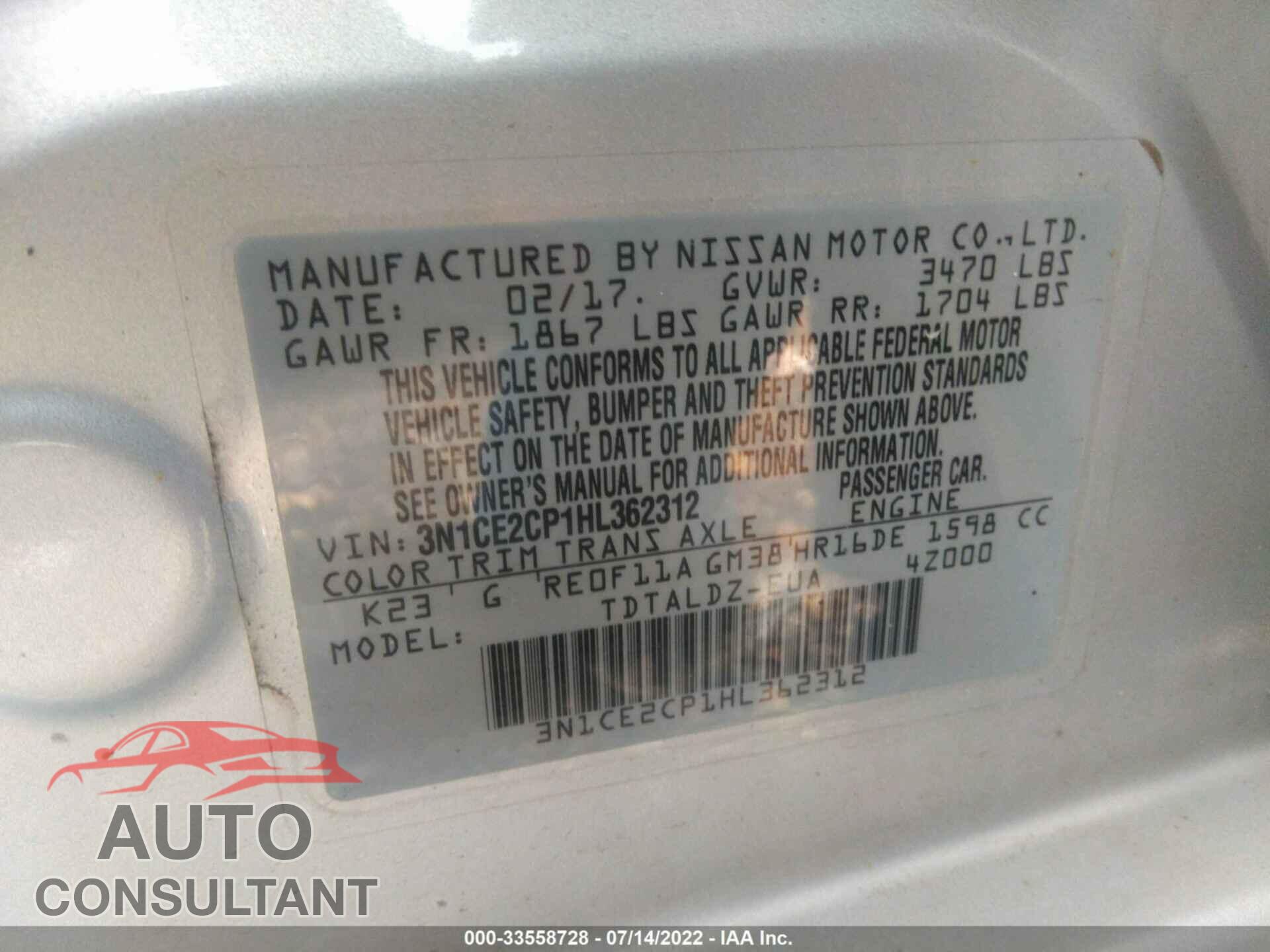 NISSAN VERSA NOTE 2017 - 3N1CE2CP1HL362312