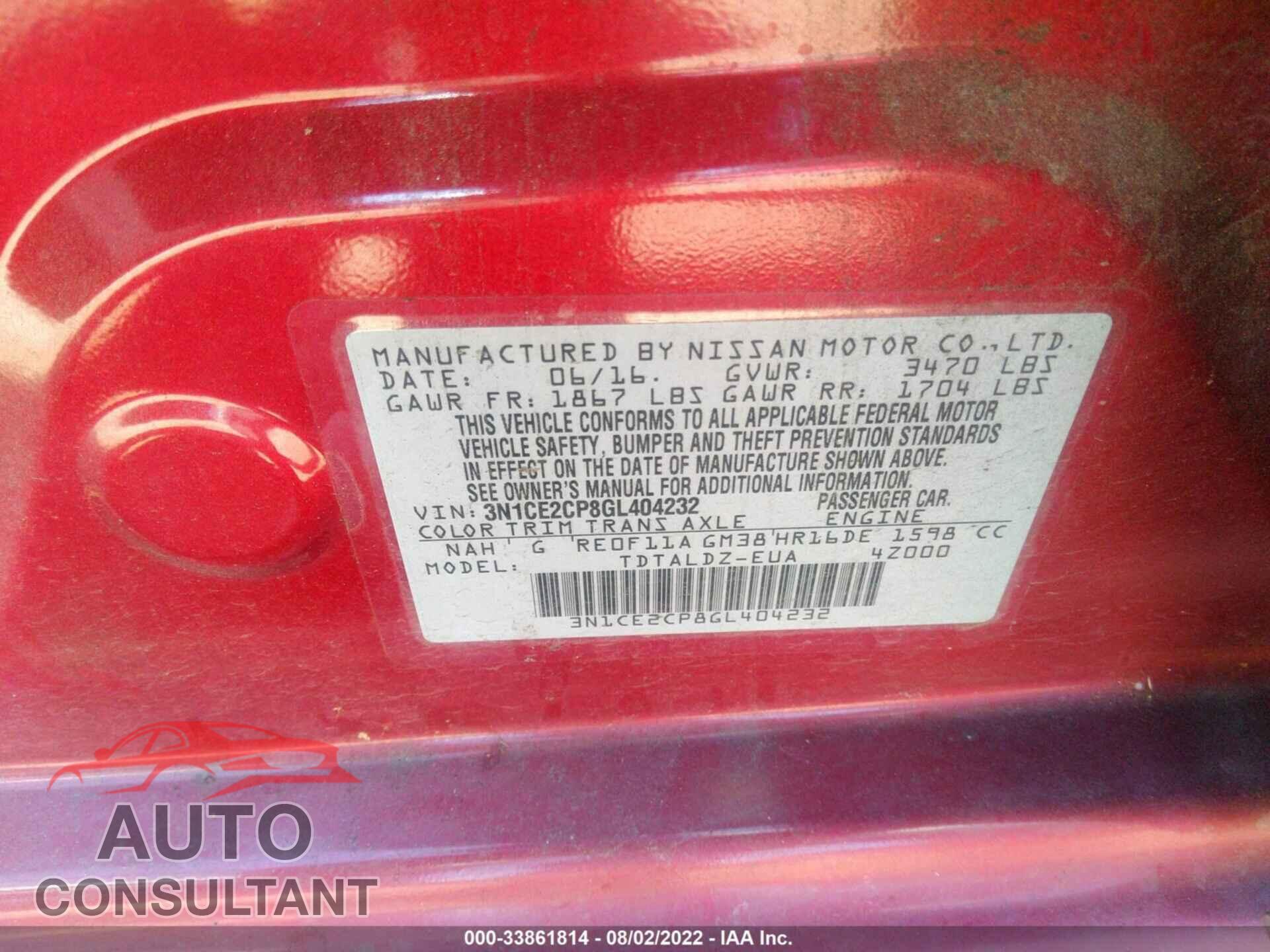 NISSAN VERSA NOTE 2016 - 3N1CE2CP8GL404232