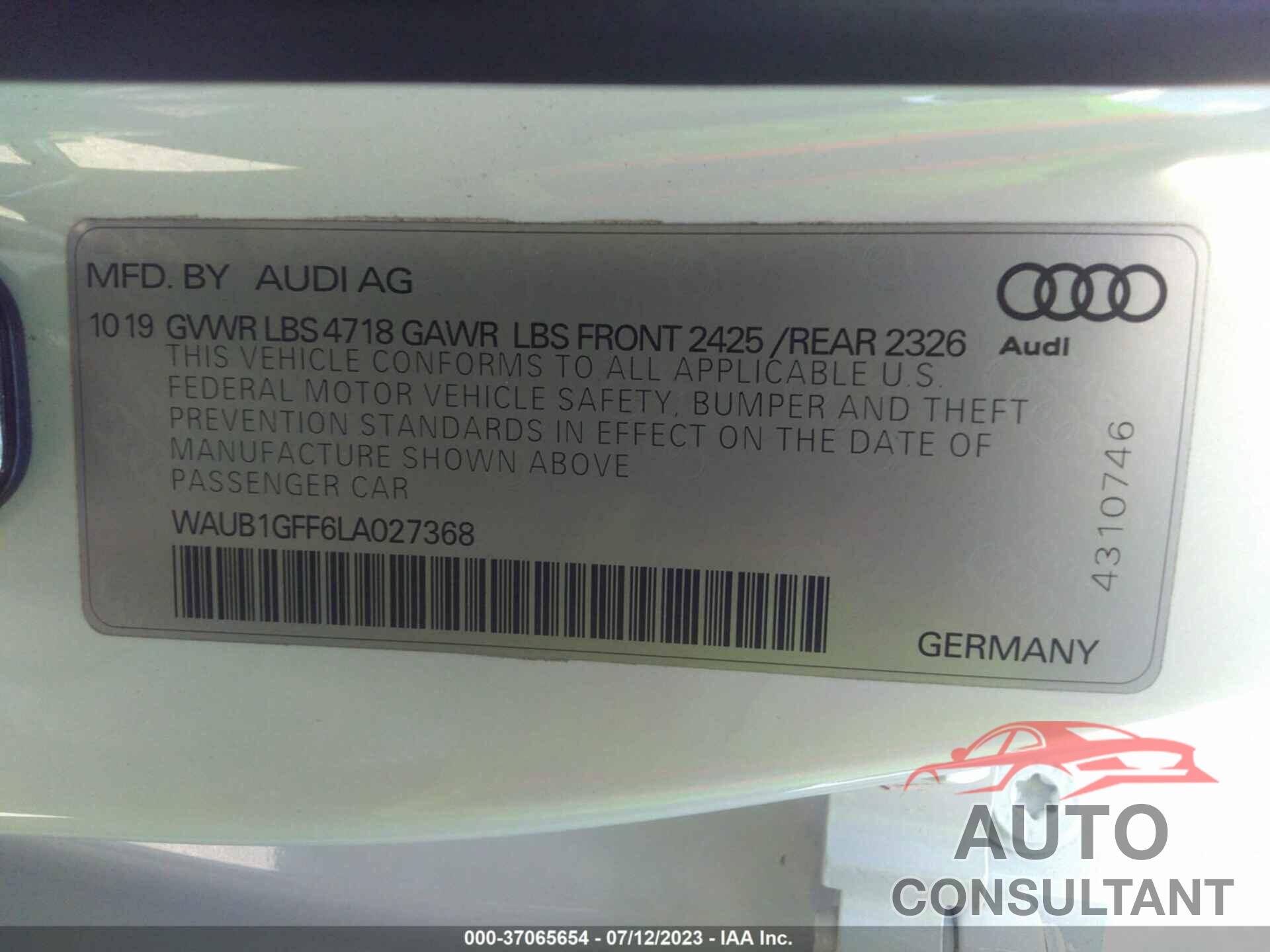 AUDI S3 2020 - WAUB1GFF6LA027368