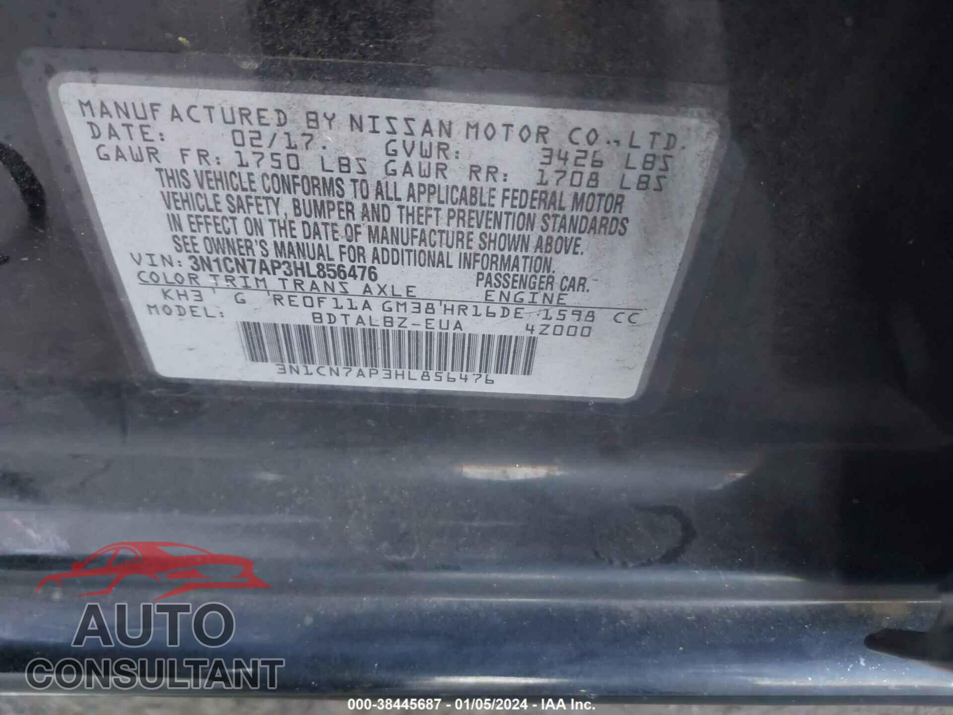 NISSAN VERSA 2017 - 3N1CN7AP3HL856476