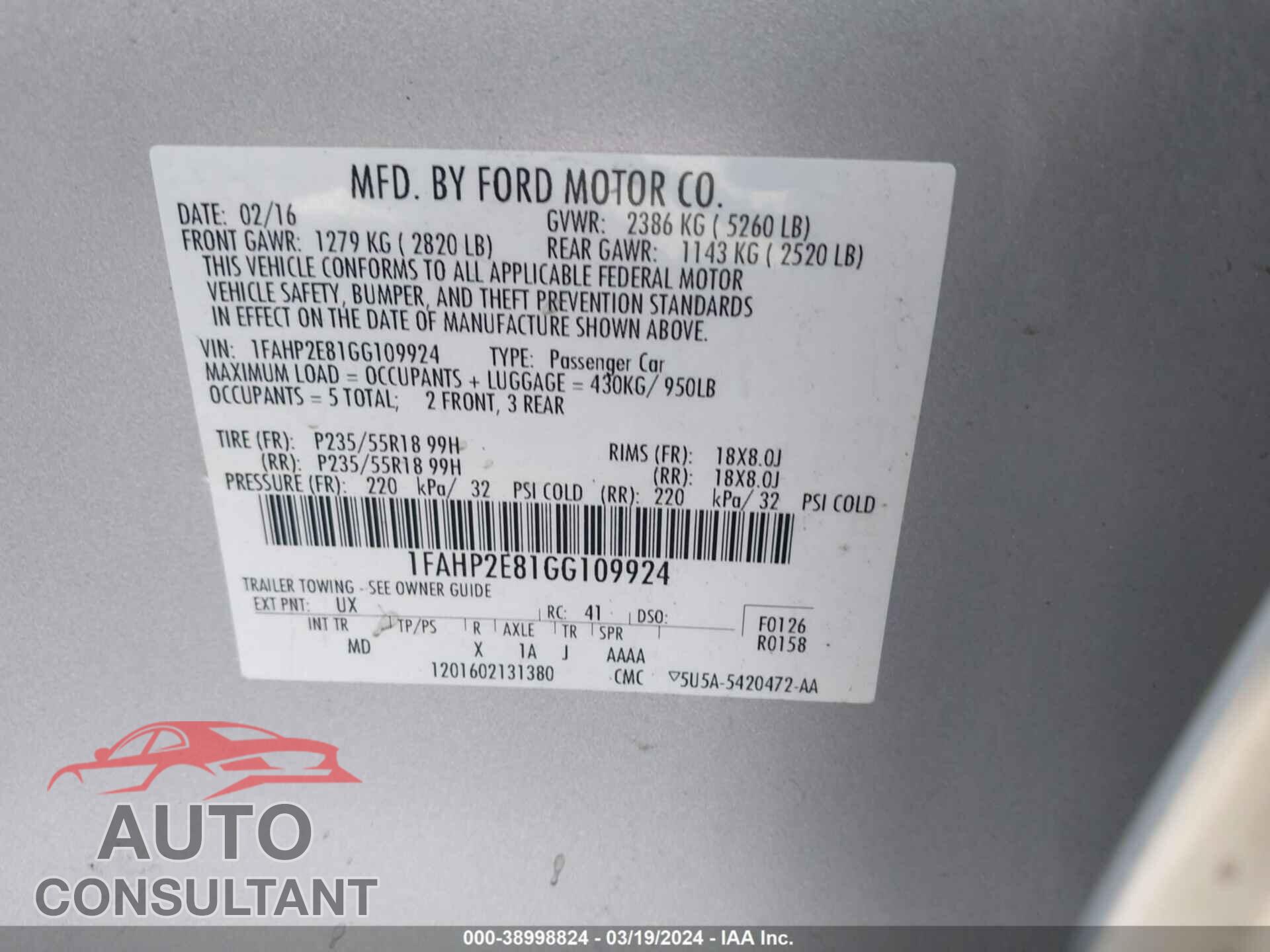 FORD TAURUS 2016 - 1FAHP2E81GG109924