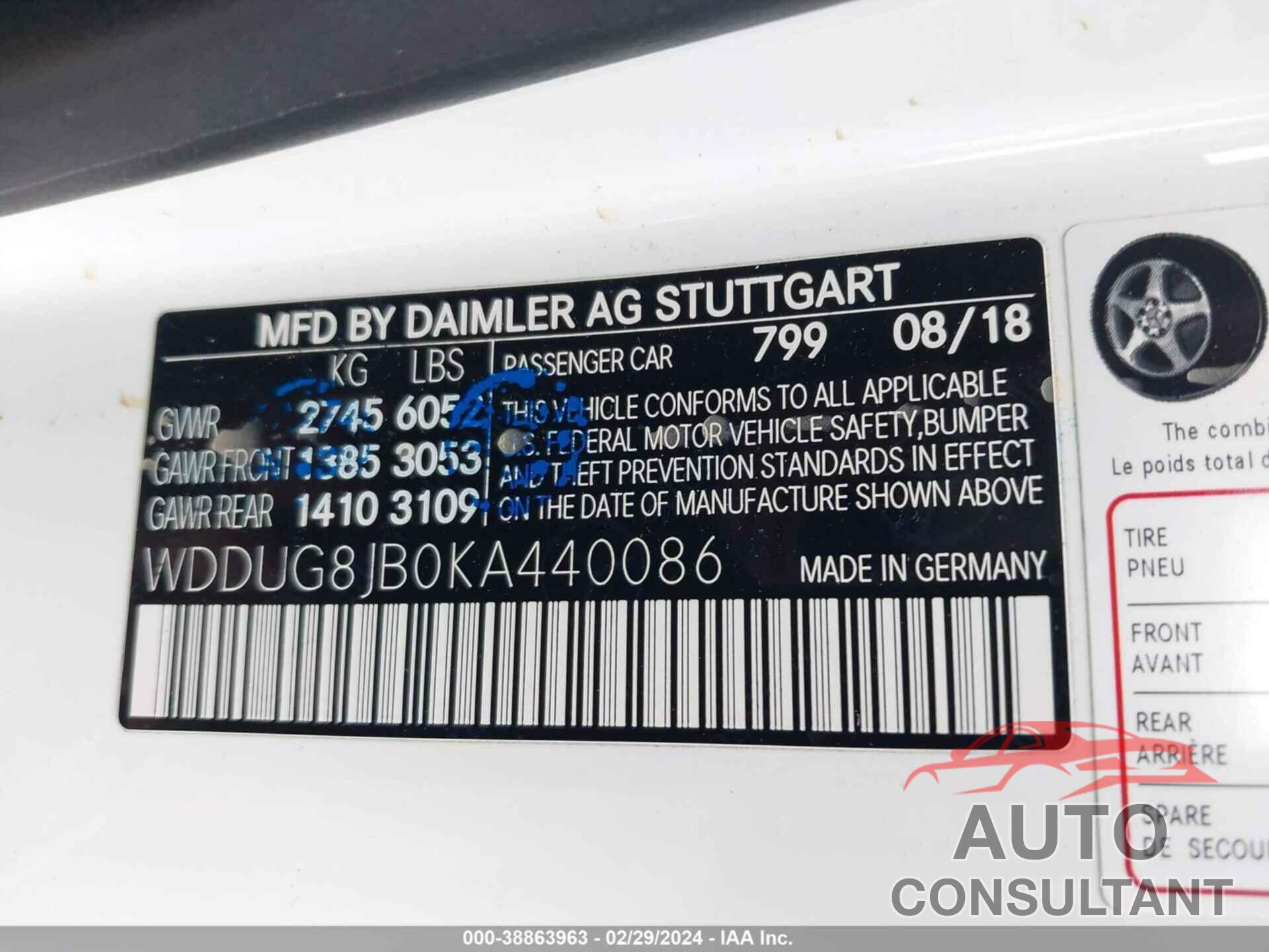 MERCEDES-BENZ AMG S 63 2019 - WDDUG8JB0KA440086