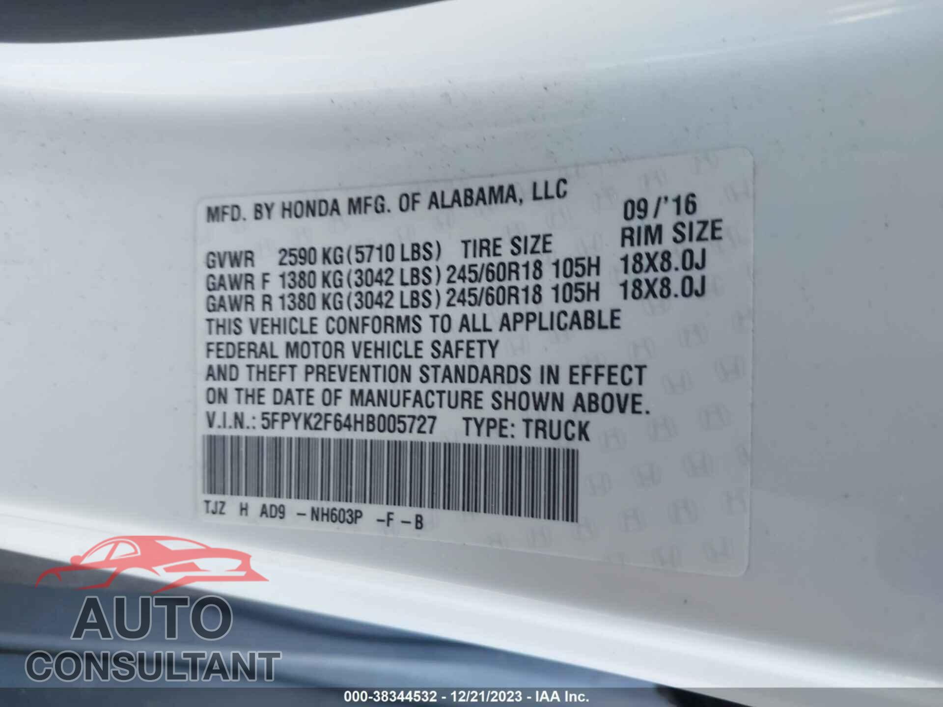 HONDA RIDGELINE 2017 - 5FPYK2F64HB005727