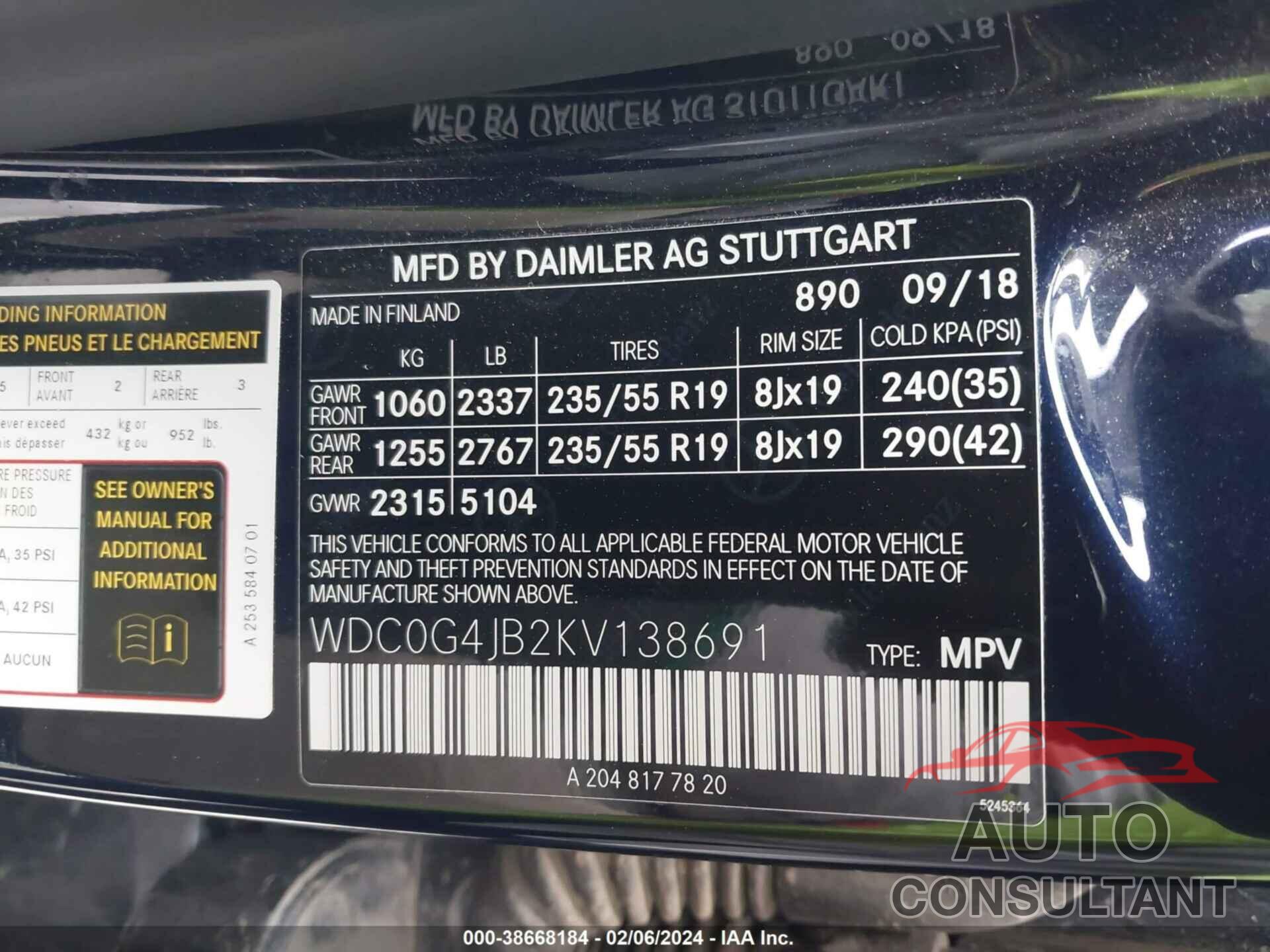 MERCEDES-BENZ GLC 300 2019 - WDC0G4JB2KV138691