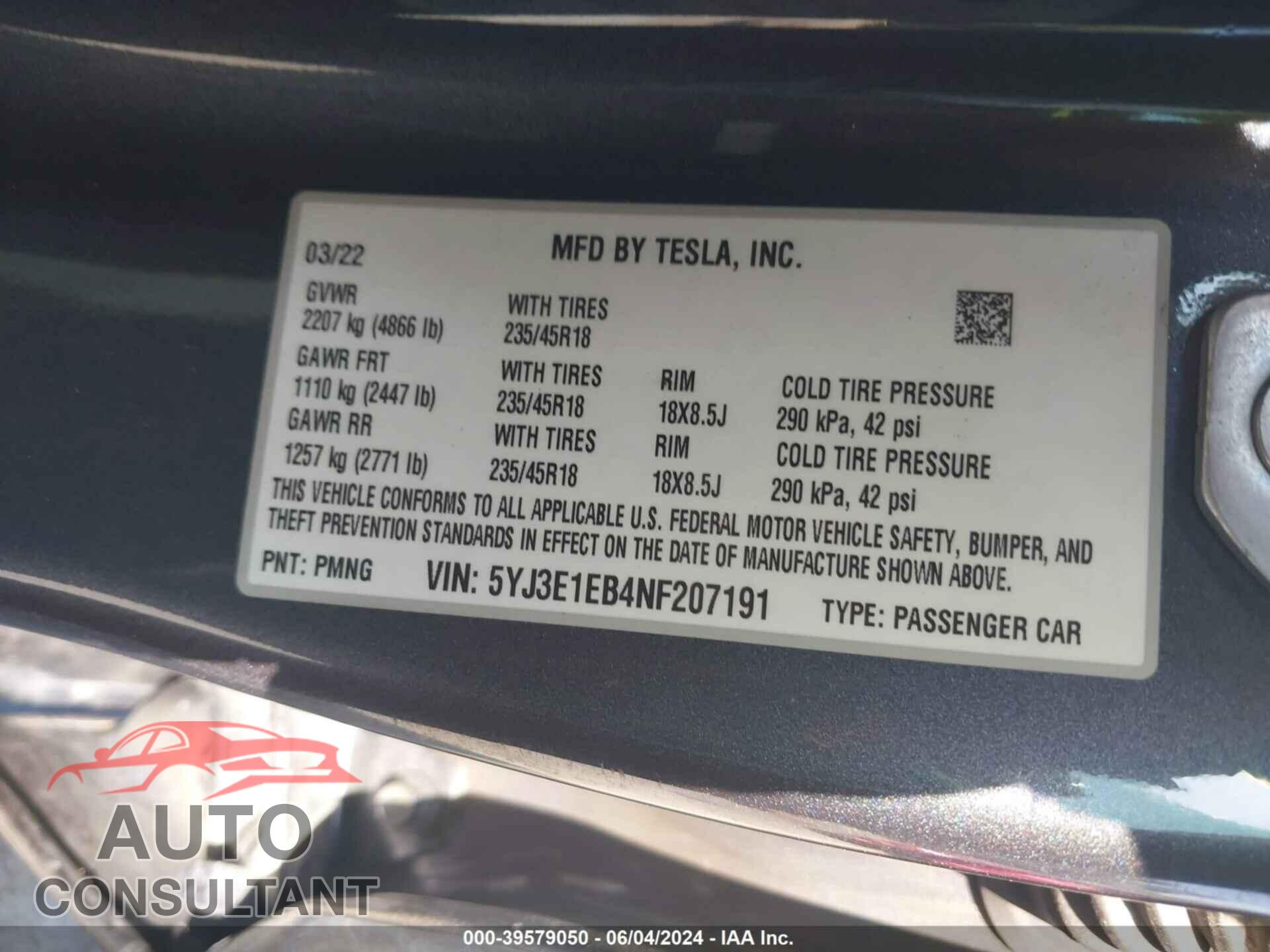 TESLA MODEL 3 2022 - 5YJ3E1EB4NF207191