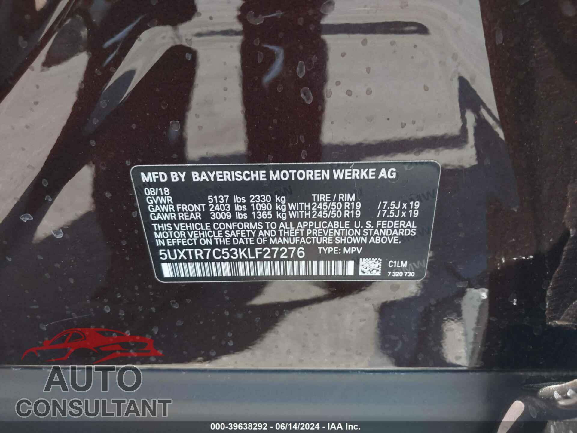 BMW X3 2019 - 5UXTR7C53KLF27276